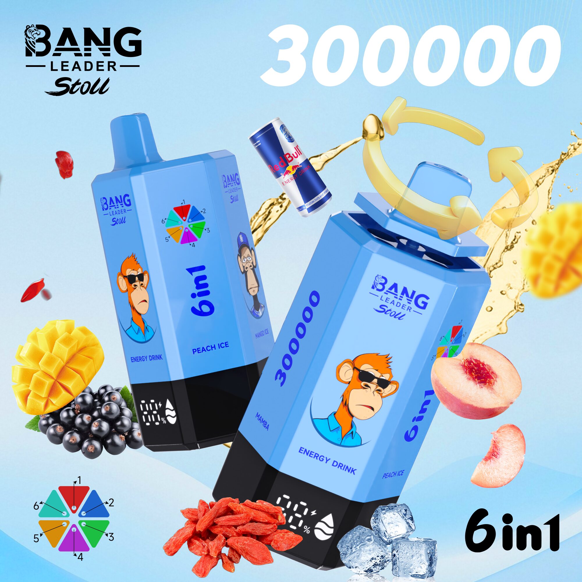 Bang Leader 300K 300000 Puffs 6-in-1 Flavors Rechargeable LED Display Disposable Vape in bang leader 300k 300000 energy drink peach ice mango ice goji
