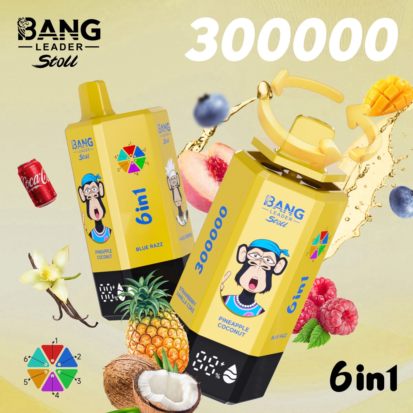 Bang Leader 300K 300000 Puffs 6-in-1 Flavors Rechargeable LED Display Disposable Vape in bang leader 300k 300000 pineapple coconut blue razz mixed berries