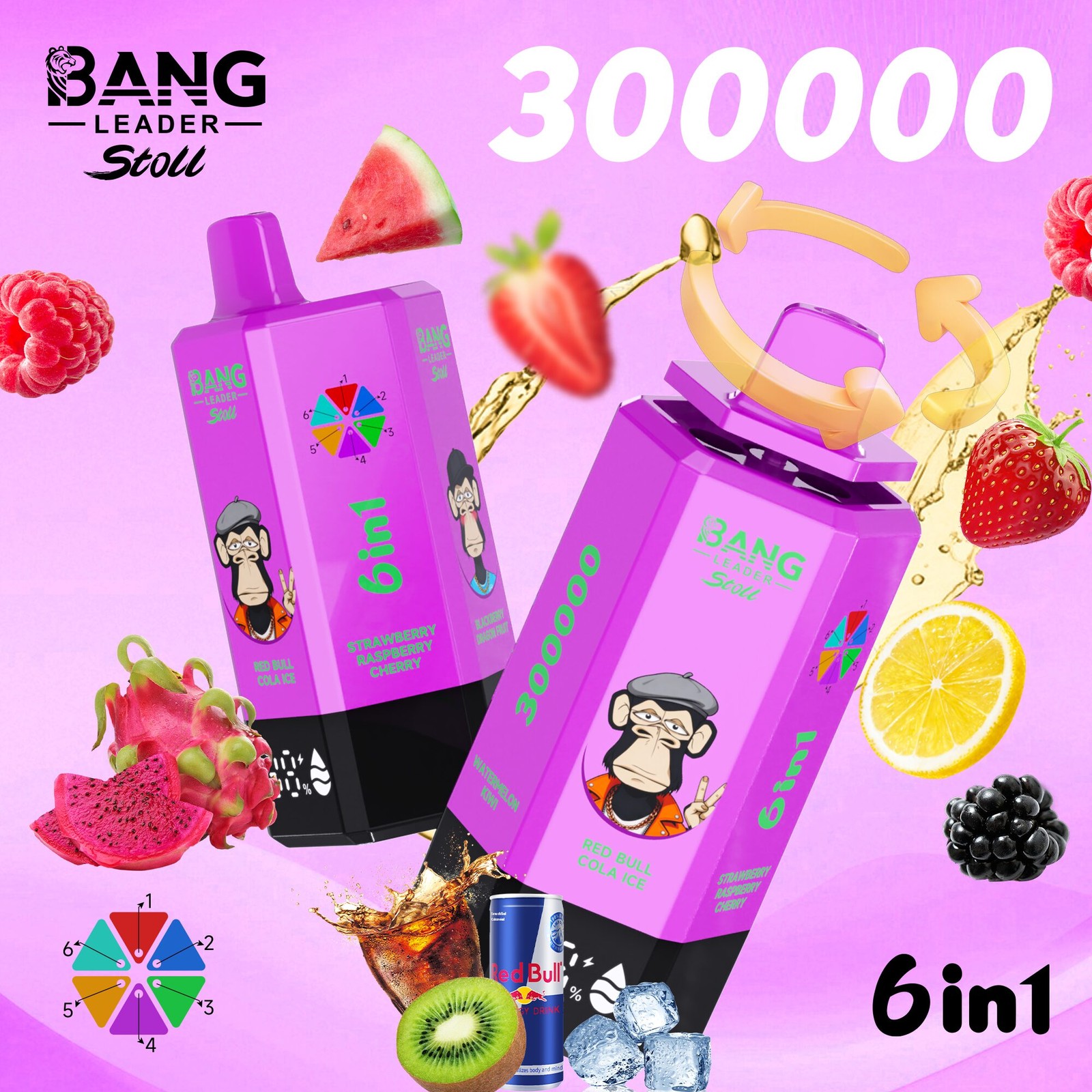 Bang Leader 300K 300000 Puffs 6-in-1 Flavors Rechargeable LED Display Disposable Vape in bang leader 300k 300000 red bull cola ice strawberry raspberry