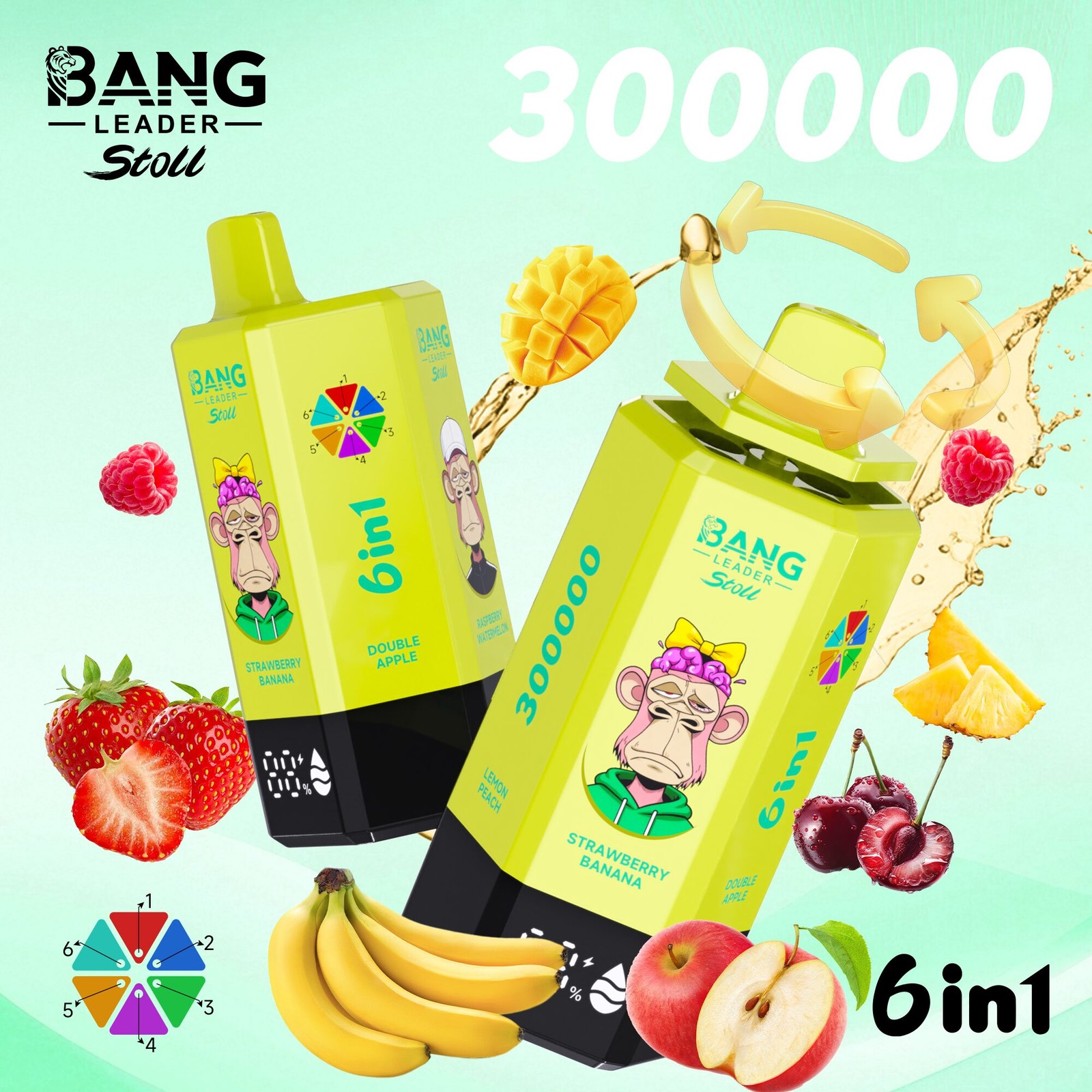 Bang Leader 300K 300000 Puffs 6-in-1 Flavors Rechargeable LED Display Disposable Vape in bang leader 300k 300000 strawberry banana double apple raspberry