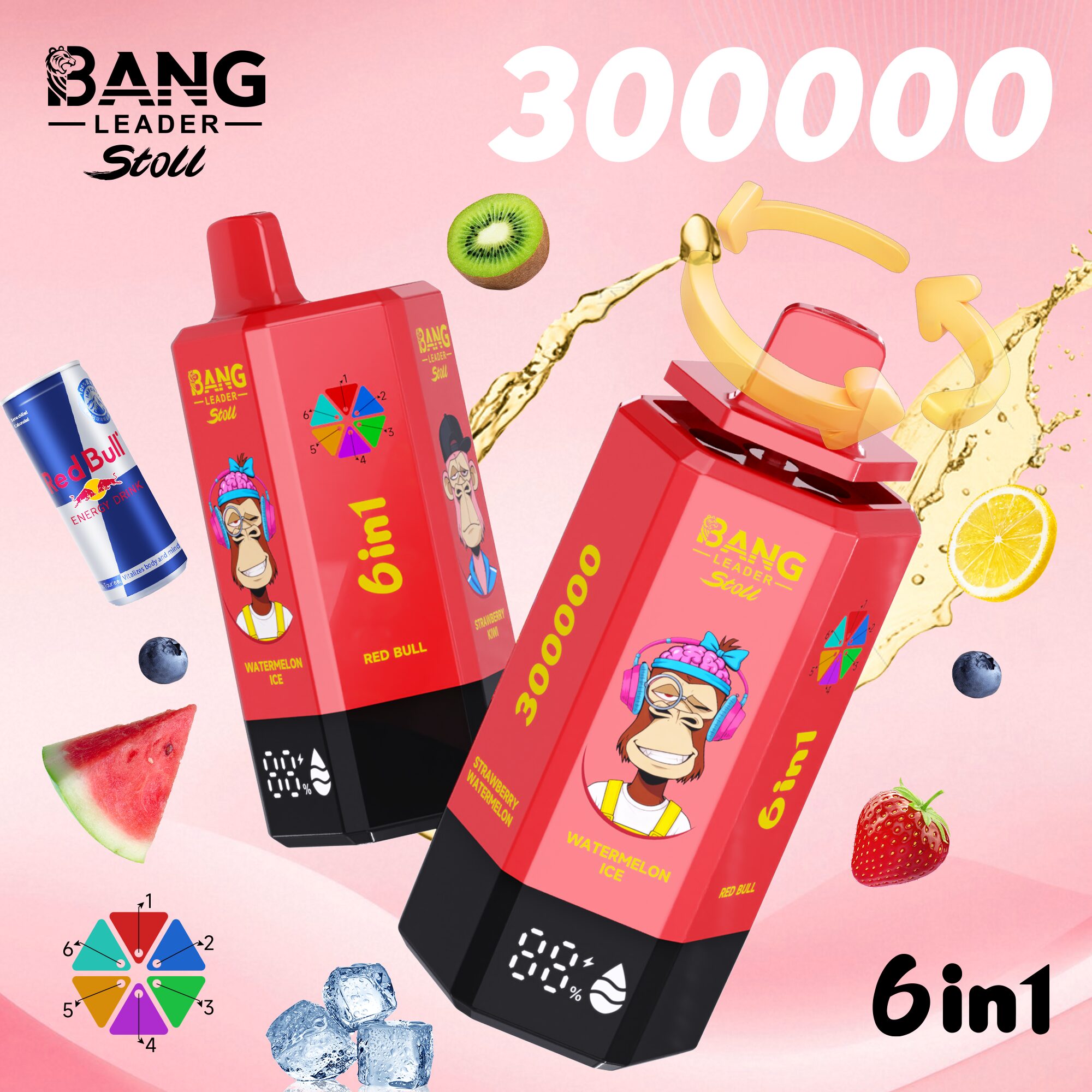 Bang Leader 300K 300000 Puffs 6-in-1 Flavors Rechargeable LED Display Disposable Vape in bang leader 300k 300000 watermelon ice red bull strawberry kiwi