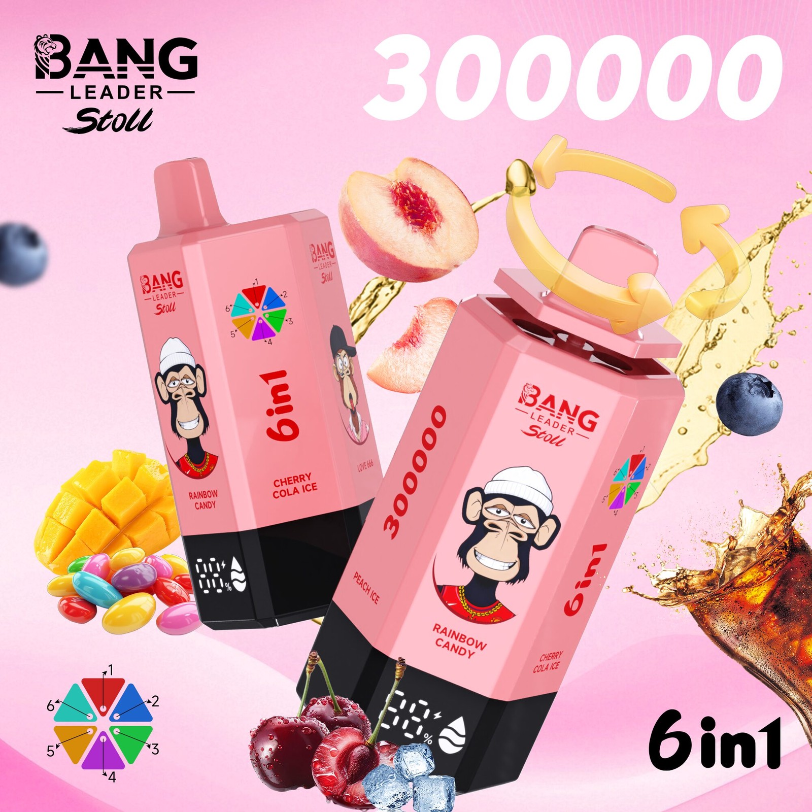 Bang Leader 300K 300000 Puffs 6-in-1 Flavors Rechargeable LED Display Disposable Vape in Energy Drink & Peach Ice & Mango Ice & Goji Berry & Blackcurrant