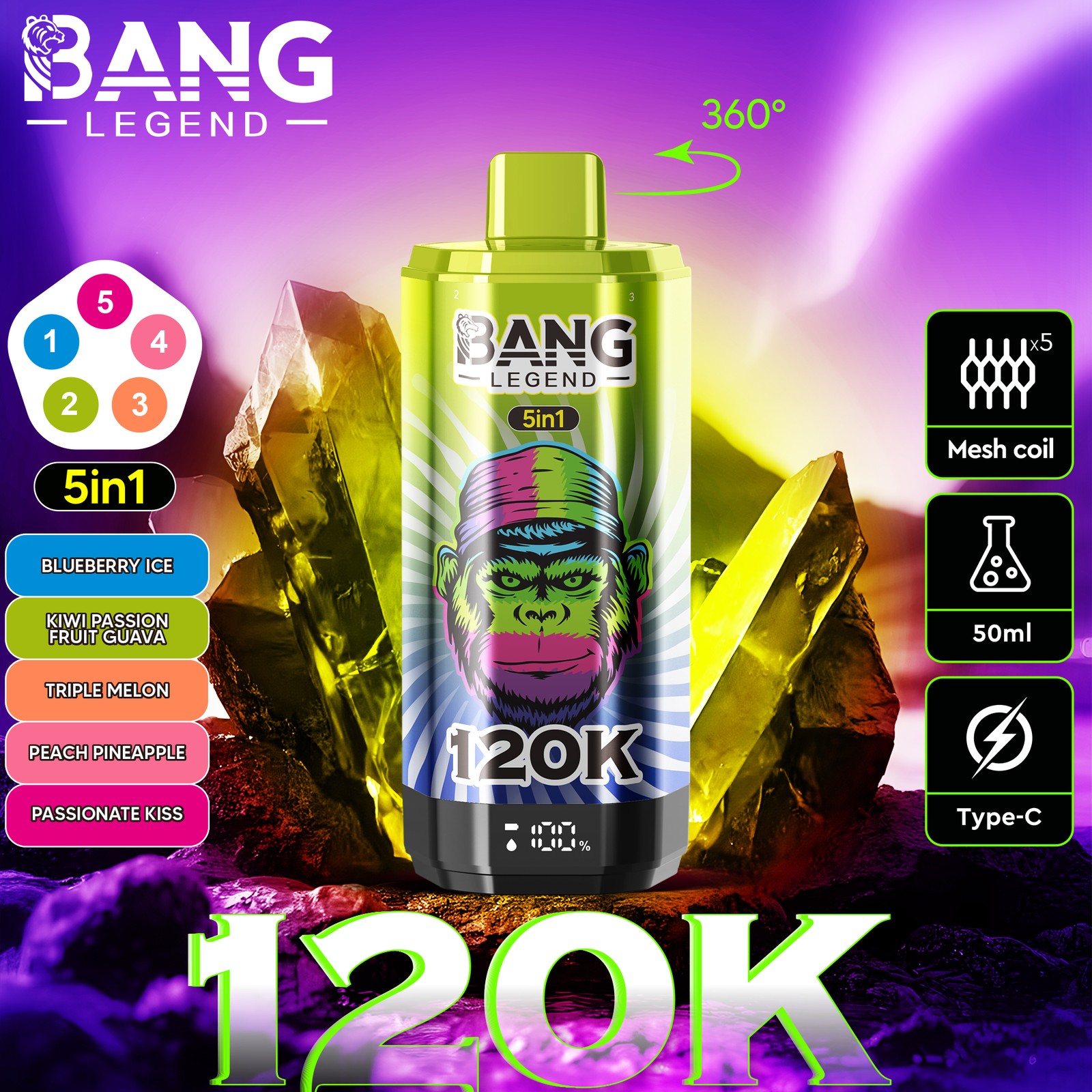 Bang Legend 120000 120K Puffs 5 in 1 Flavors Rechargeable LCD Display Disposable Vape in blueberry ice kiwi passion fruit guava triple melon peach