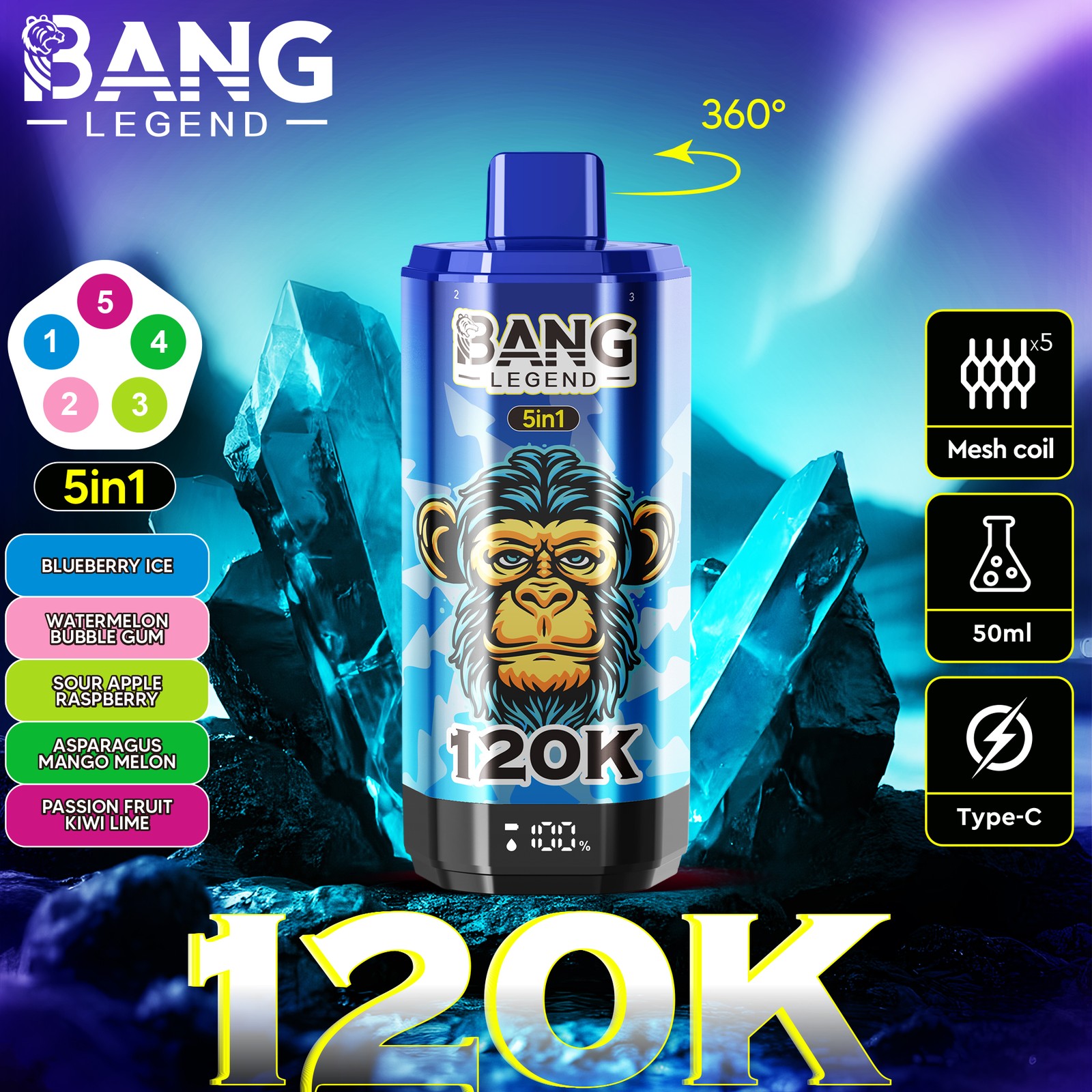Bang Legend 120000 120K Puffs 5 in 1 Flavors Rechargeable LCD Display Disposable Vape in blueberry ice watermelon bubble gum sour apple raspberry lotus