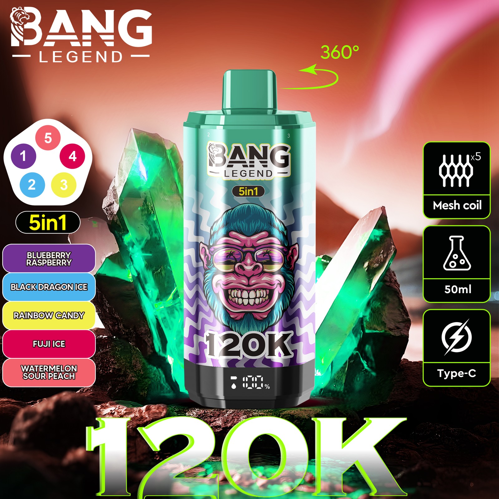 Bang Legend 120000 120K Puffs 5 in 1 Flavors Rechargeable LCD Display Disposable Vape product detail image