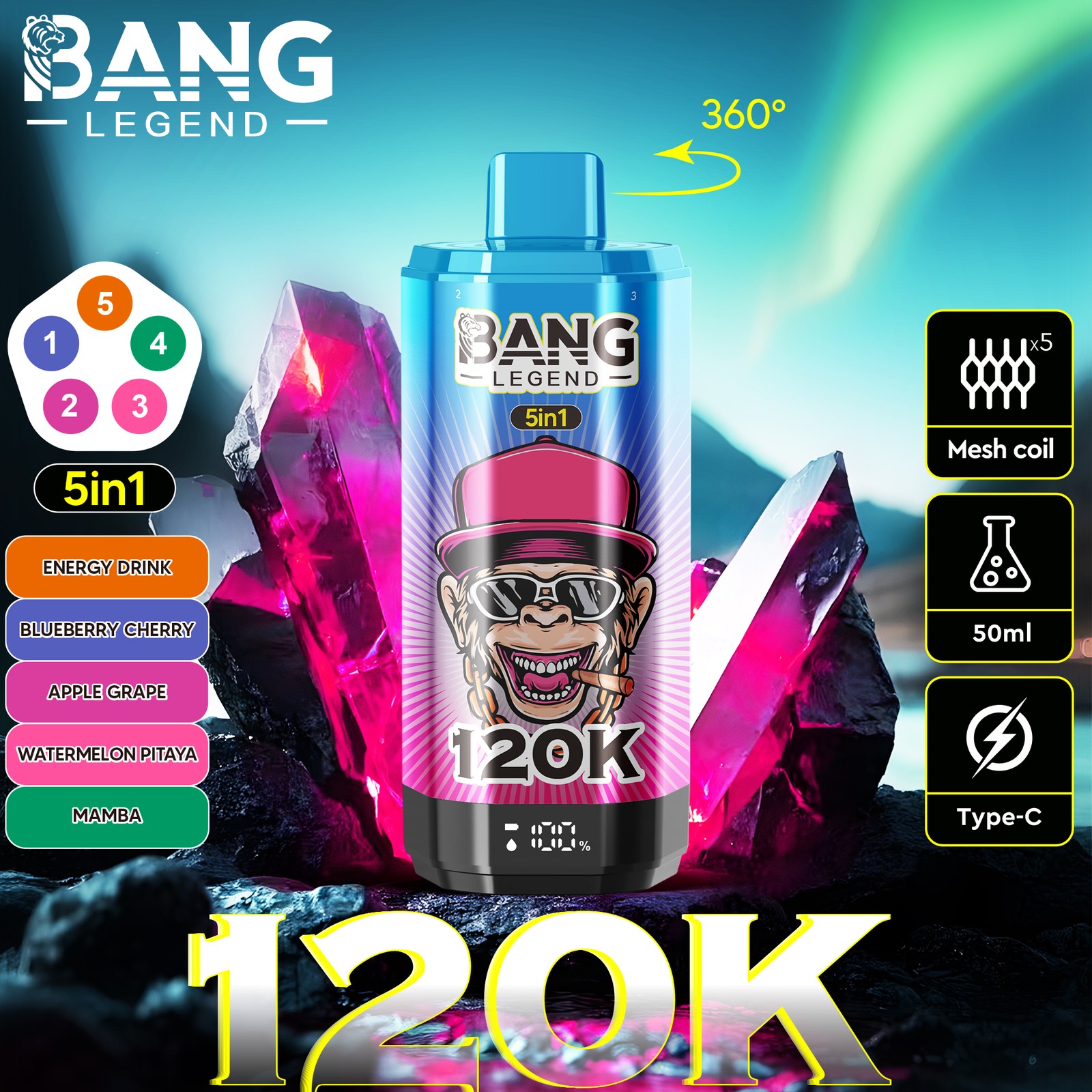 Bang Legend 120000 120K Puffs 5 in 1 Flavors Rechargeable LCD Display Disposable Vape in Energy Drink & Blueberry Cherry & Apple Grape & Watermelon Dragon