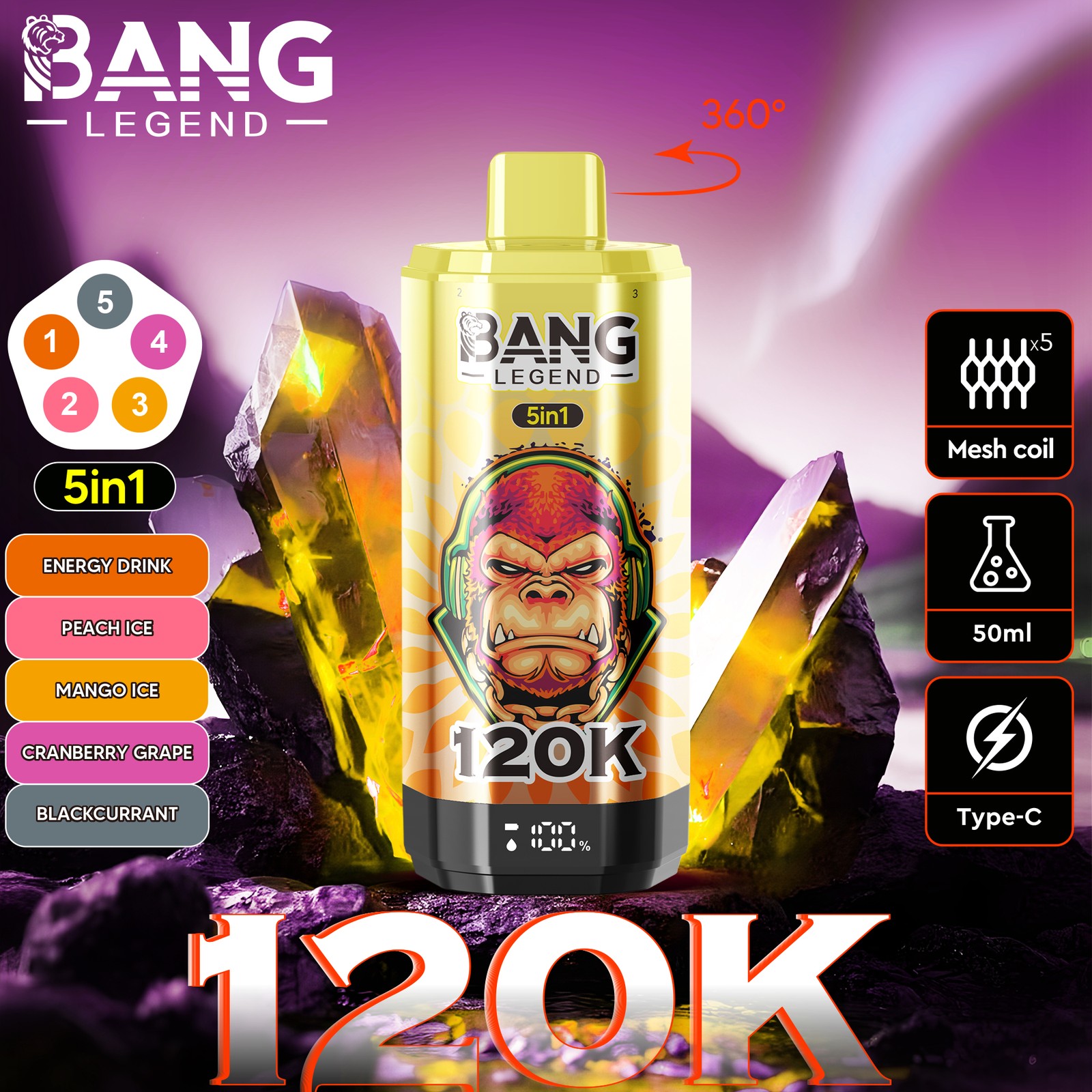 Bang Legend 120000 120K Puffs 5 in 1 Flavors Rechargeable LCD Display Disposable Vape in Energy Drink & Peach Ice & Mango Ice & Cranberry Grape &