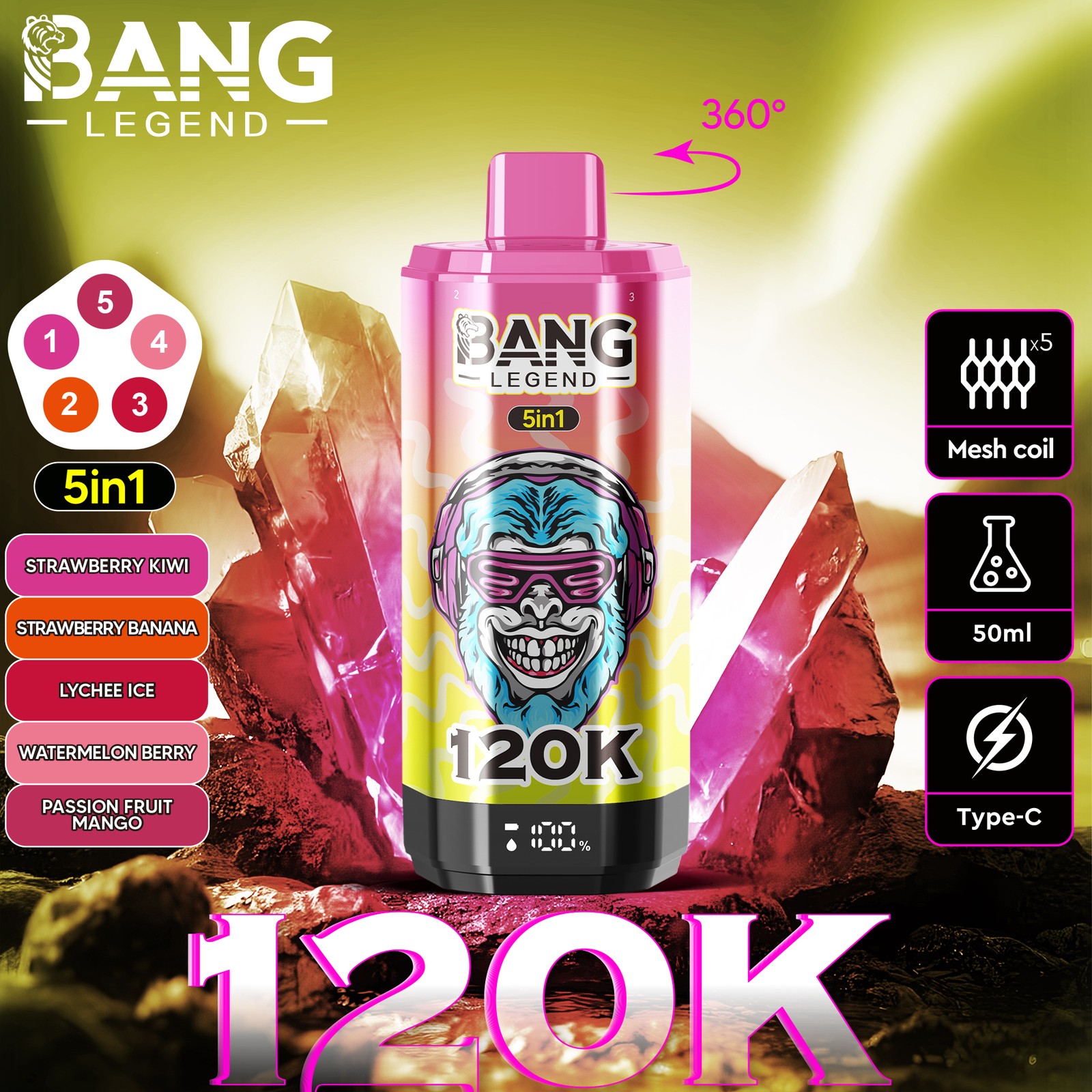 Bang Legend 120000 120K Puffs 5 in 1 Flavors Rechargeable LCD Display Disposable Vape product detail image