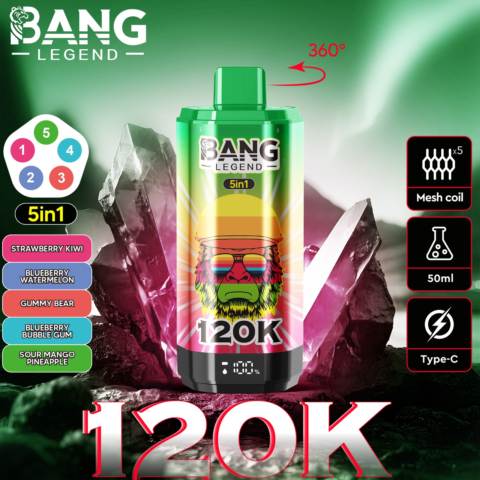 Bang Legend 120000 120K Puffs 5 in 1 Flavors Rechargeable LCD Display Disposable Vape in strawberry kiwi blueberry watermelon bear fudge blueberry bubble