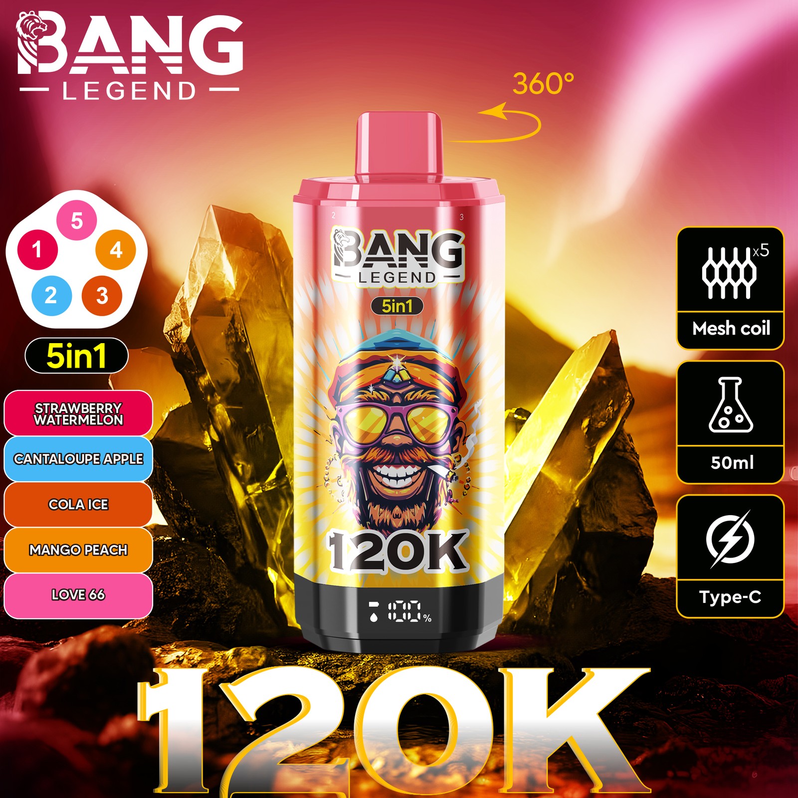 Bang Legend 120000 120K Puffs 5 in 1 Flavors Rechargeable LCD Display Disposable Vape in Strawberry Watermelon & Cantaloupe Apple & Cola Ice & Mango Peach