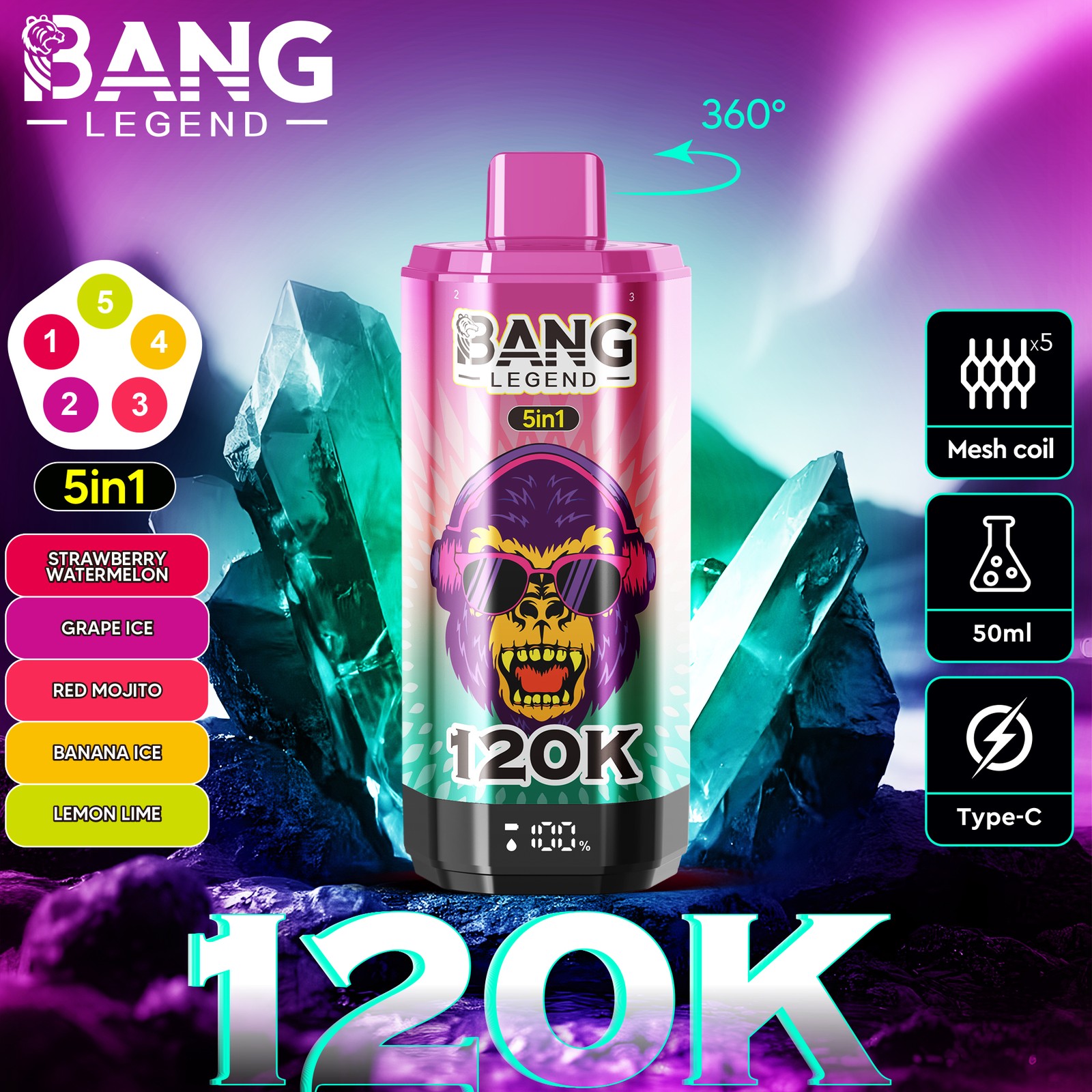 Bang Legend 120000 120K Puffs 5 in 1 Flavors Rechargeable LCD Display Disposable Vape in Strawberry Watermelon & Grape Ice & Red Mojito & Banana Ice &