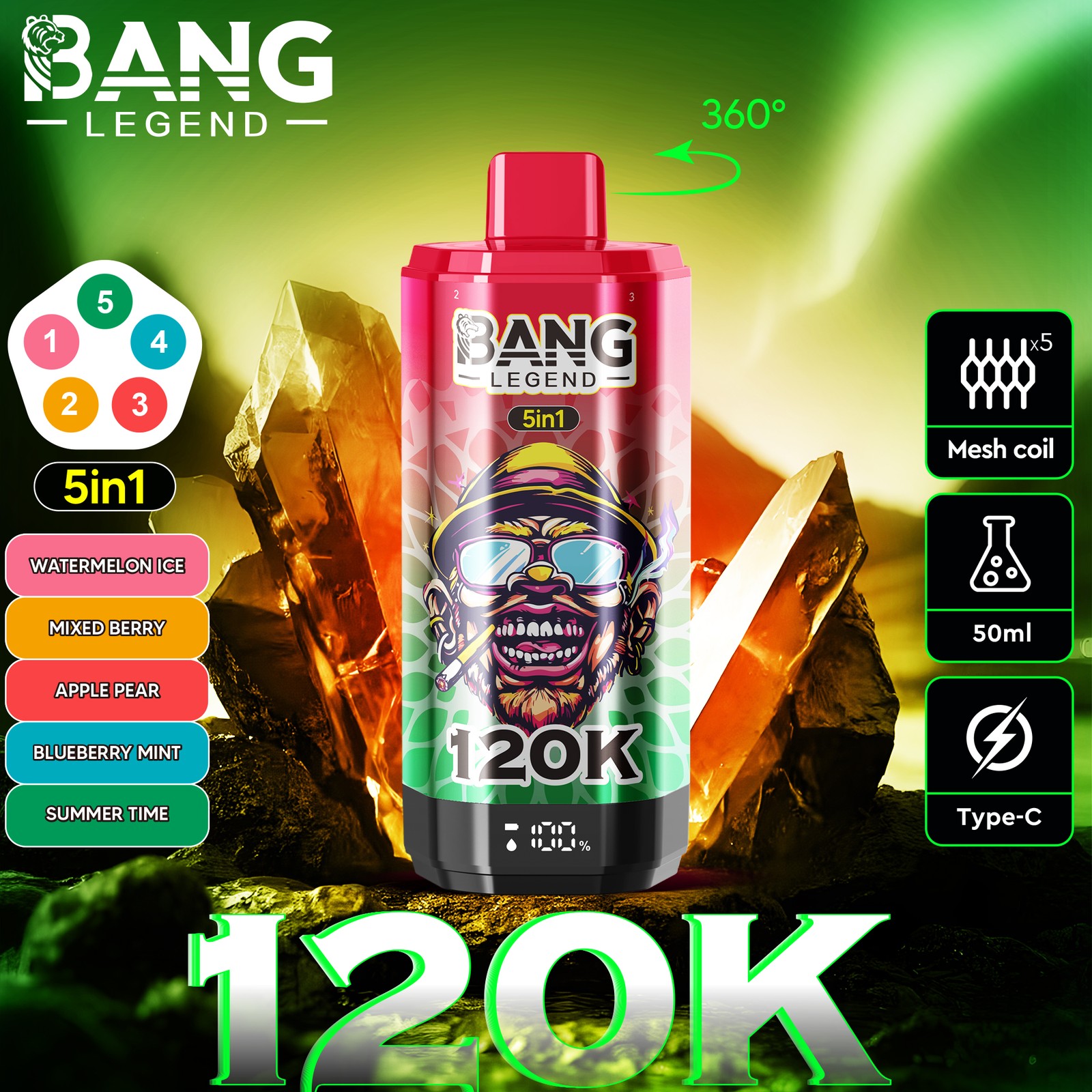 Bang Legend 120000 120K Puffs 5 in 1 Flavors Rechargeable LCD Display Disposable Vape in Watermelon Ice & Mixed Berries & Apple Pear & Blueberry Mint &
