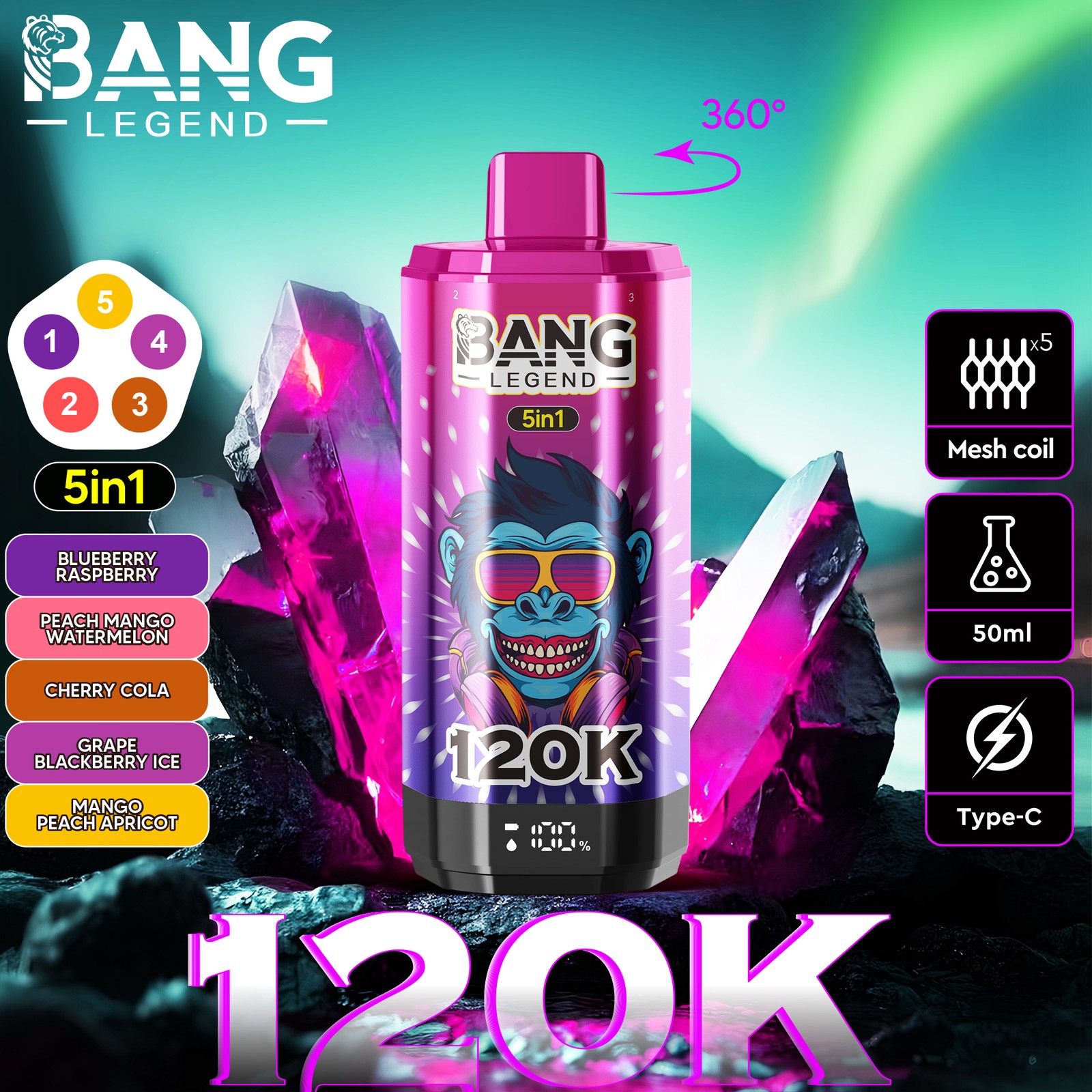 Bang Legend 120000 120K Puffs 5 in 1 Flavors Rechargeable LCD Display Disposable Vape product detail image