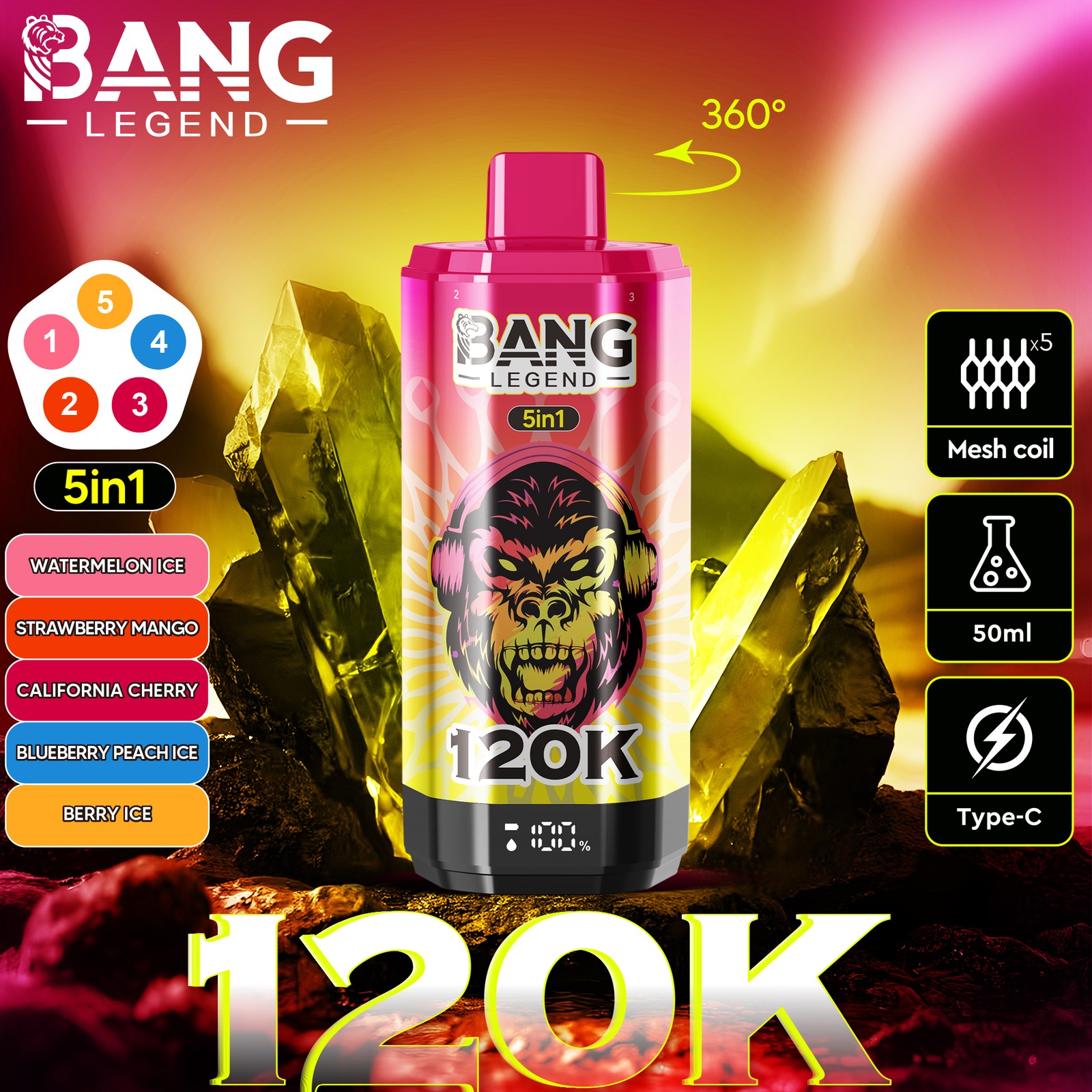 Bang Legend 120000 120K Puffs 5 in 1 Flavors Rechargeable LCD Display Disposable Vape in watermelon ice strawberry mango california cherry blueberry peach