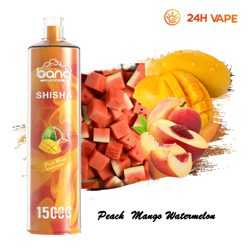 Bang SHISHA 15.000 boccate - Sigaretta elettronica usa e getta con aspirazione diretta ai polmoni - Nuova penna vaporizzatore al gusto pesca, mango e anguria