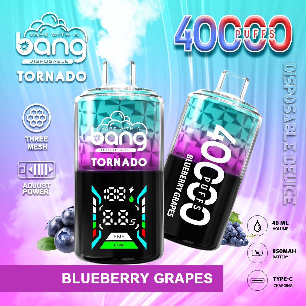 Bang Tornado 40000 40K Puffs Large Smoke LED Display Disposable Vape in Blueberry Grape flavor