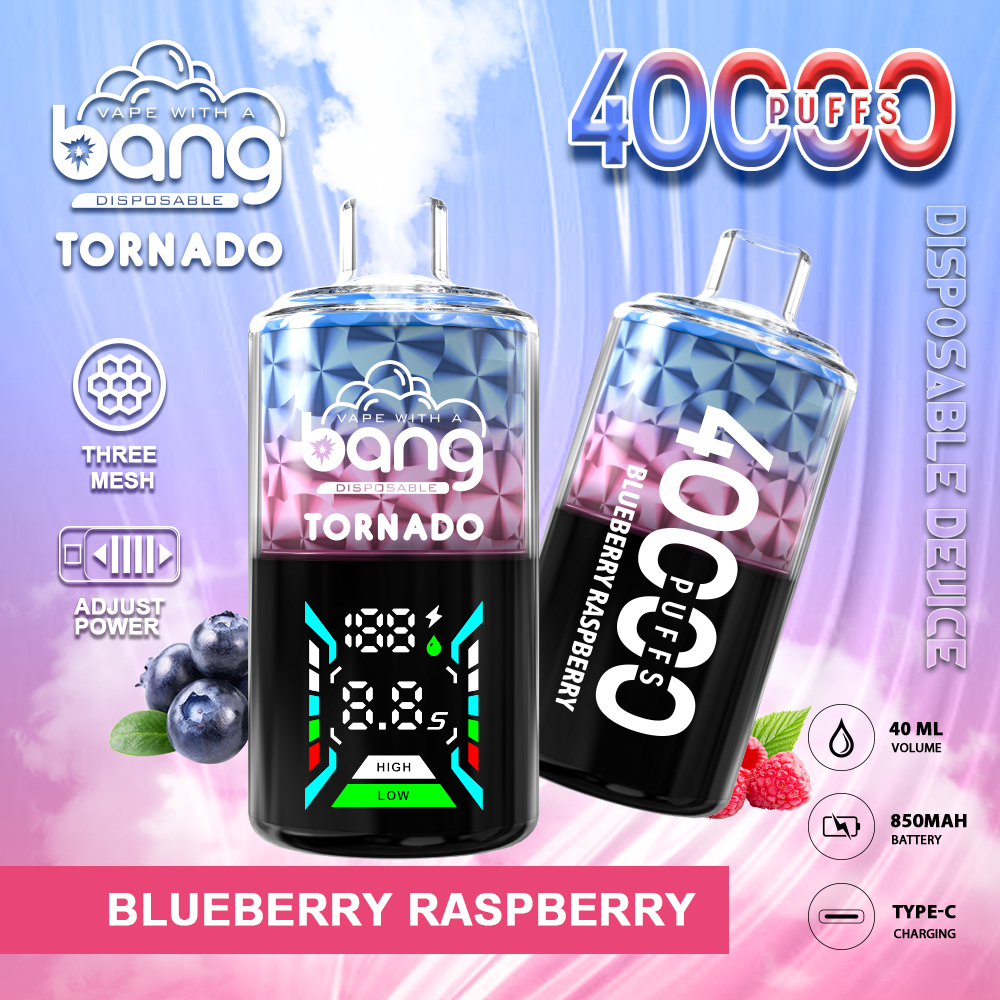 Bang Tornado 40000 40K Puffs Large Smoke LED Display Disposable Vape in Blueberry Raspberry flavor