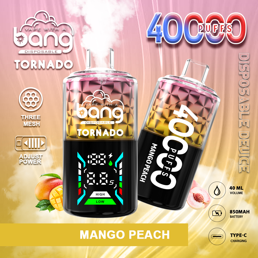 Bang Tornado 40000 40K Puffs Large Smoke LED Display Disposable Vape in Mango Peach flavor