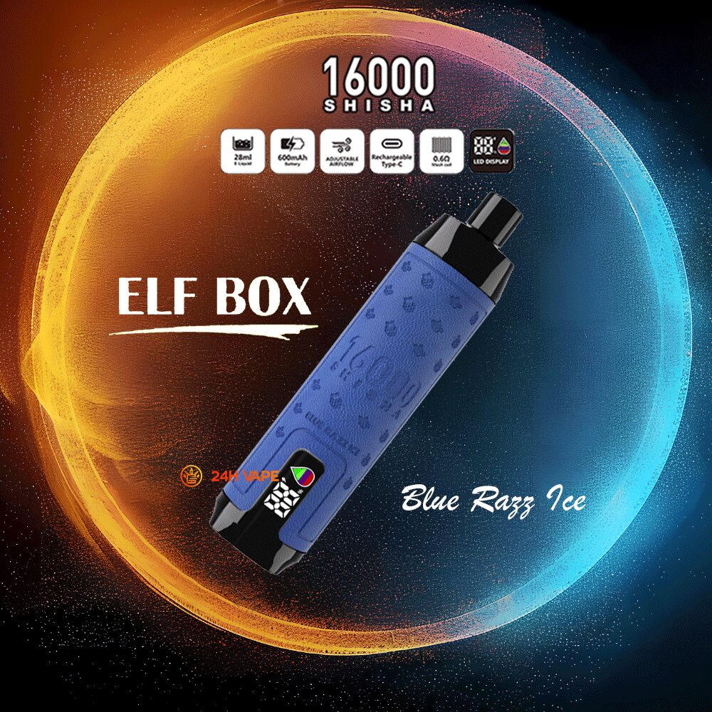 ELF BOX SHISHA 16000 Puffs LED Display Leather Disposable in Blue Razz Ice flavor