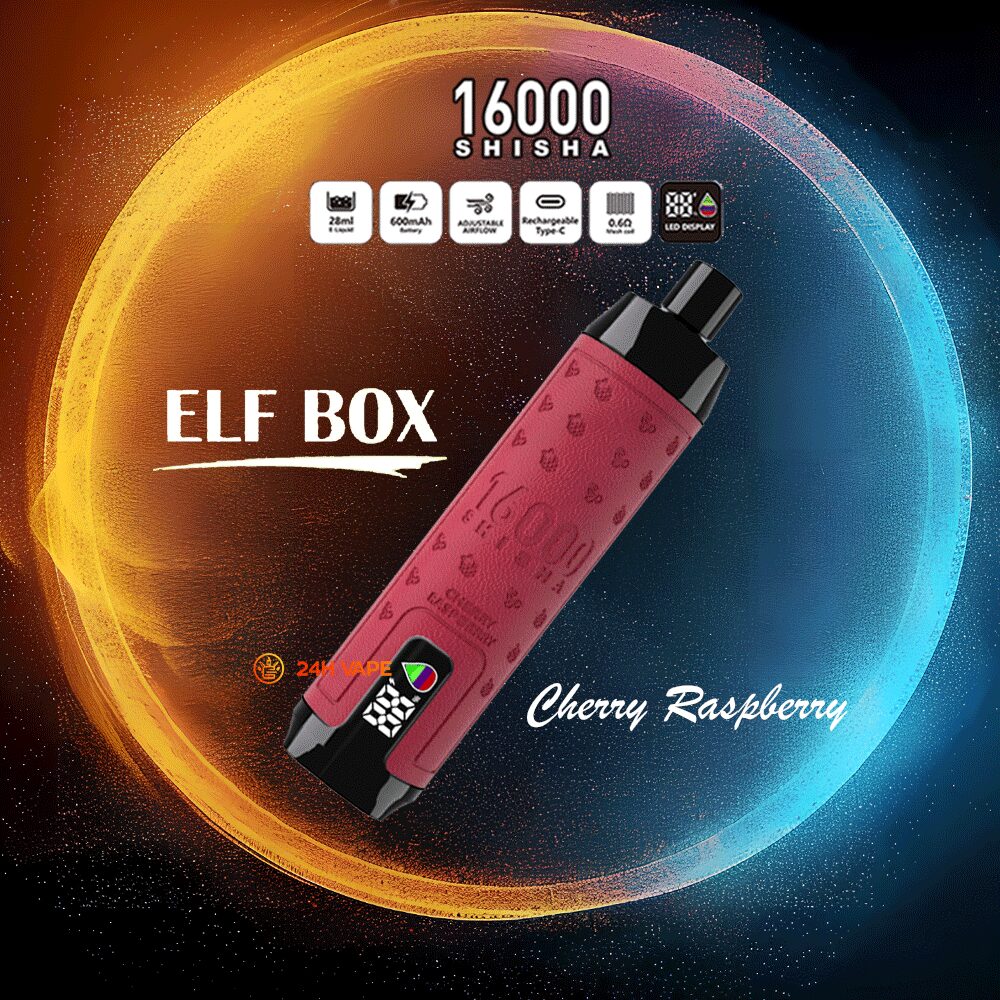 ELF BOX SHISHA 16000 Puffs LED Display Leather Disposable in Cherry Raspberry flavor