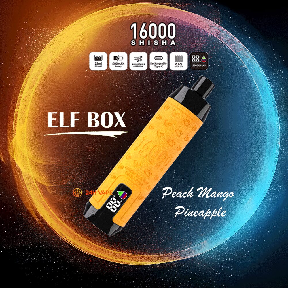 ELF BOX SHISHA 16000 Puffs LED Display Leather Disposable in Peach Mango Pineapple flavor