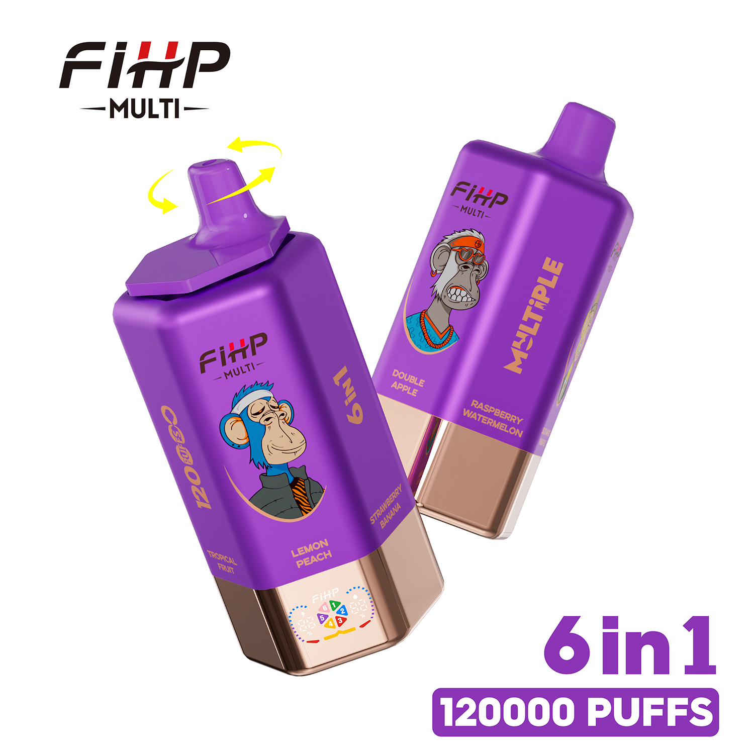 FIHP MULTI 120000 120K Puffs 6 in 1 Flavors Rechargeable LED Display Disposable Vape in lemon peachstrawberry bananadouble appleraspberry watermelonsour
