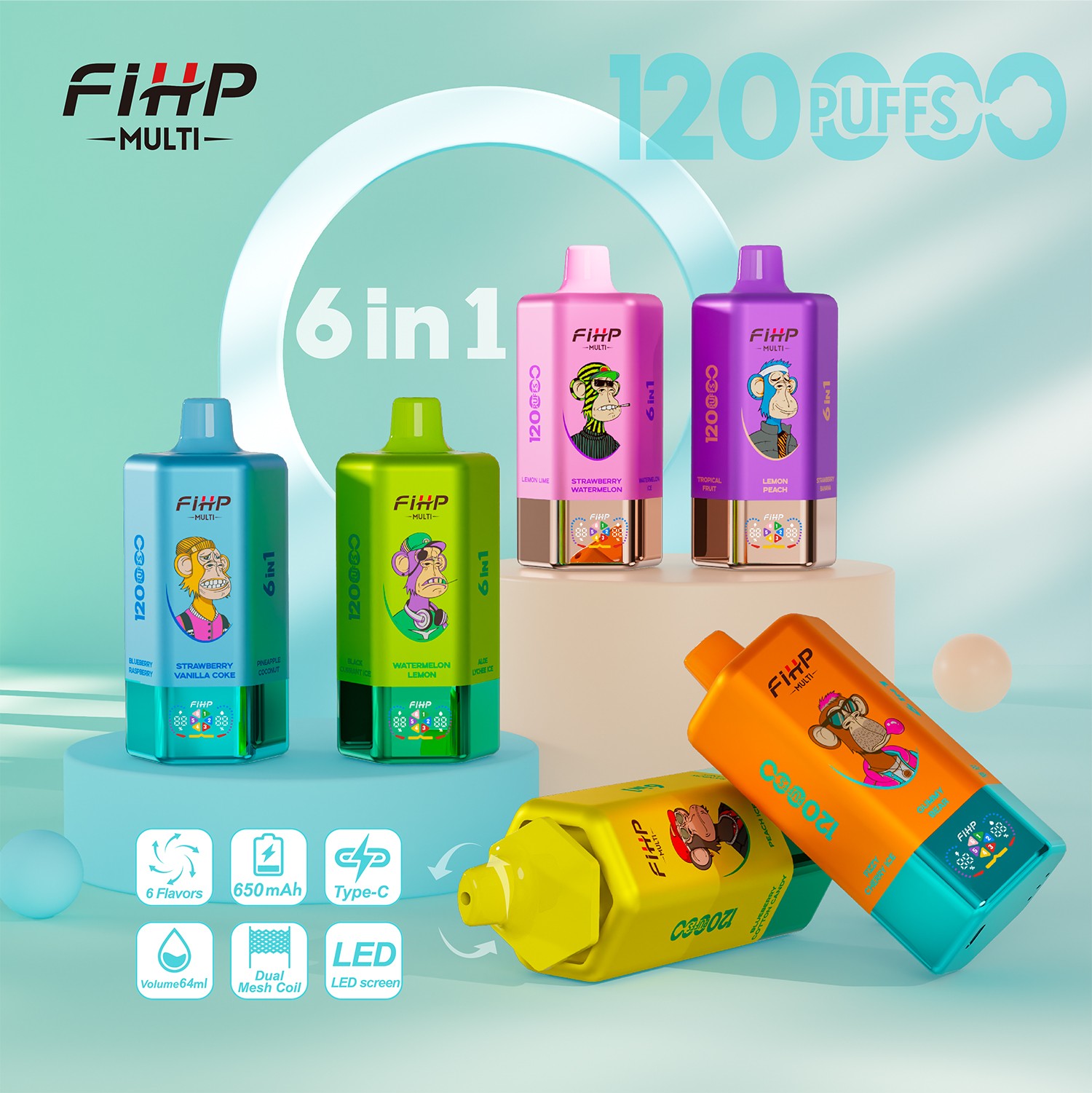 FIHP MULTI 120000 120K Puffs 6 in 1 Flavors Rechargeable LED Display Disposable Vape product image