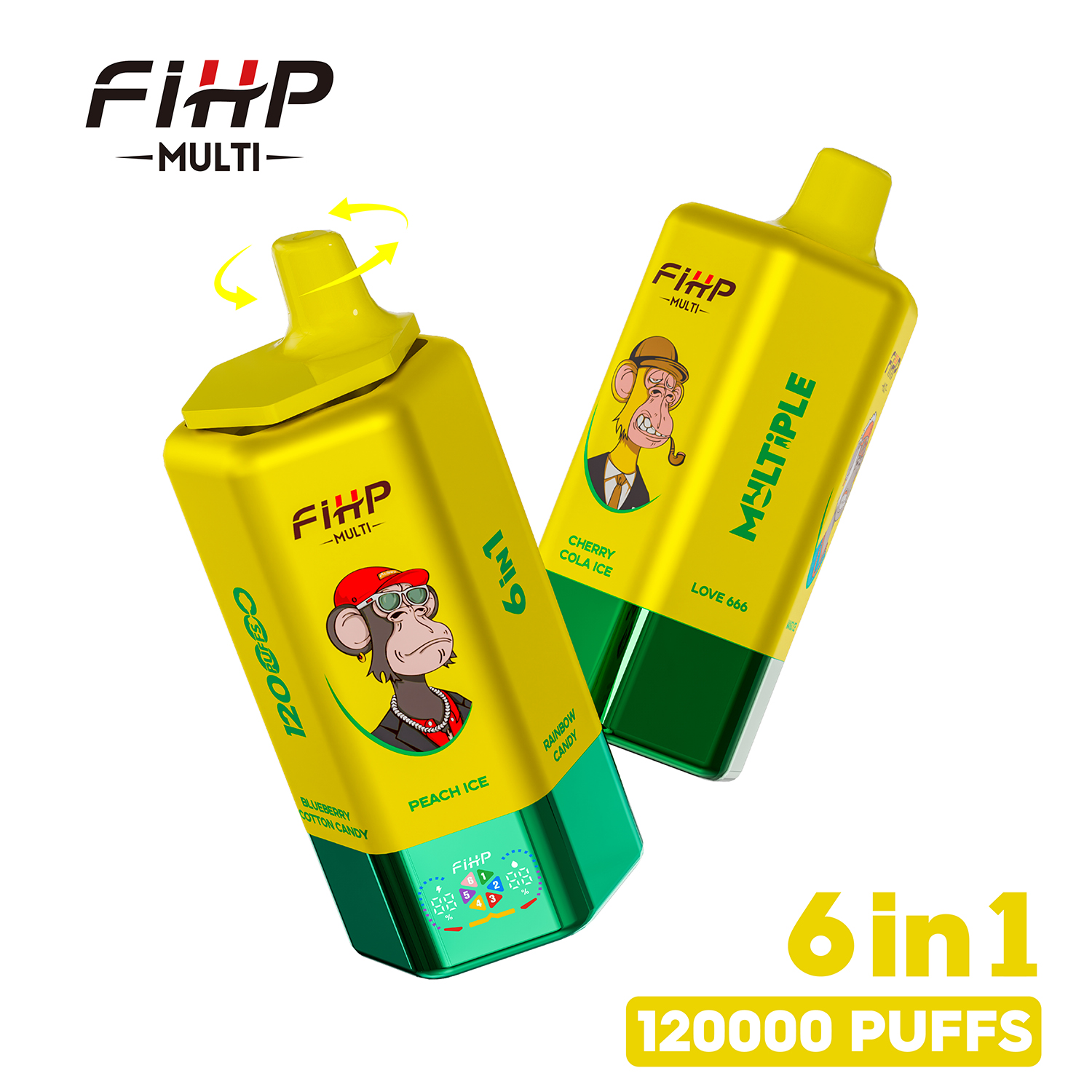 FIHP MULTI 120000 120K Puffs 6 in 1 Flavors Rechargeable LED Display Disposable Vape in peach icerainbow candycherry cola icelove 666mango iceblueberry