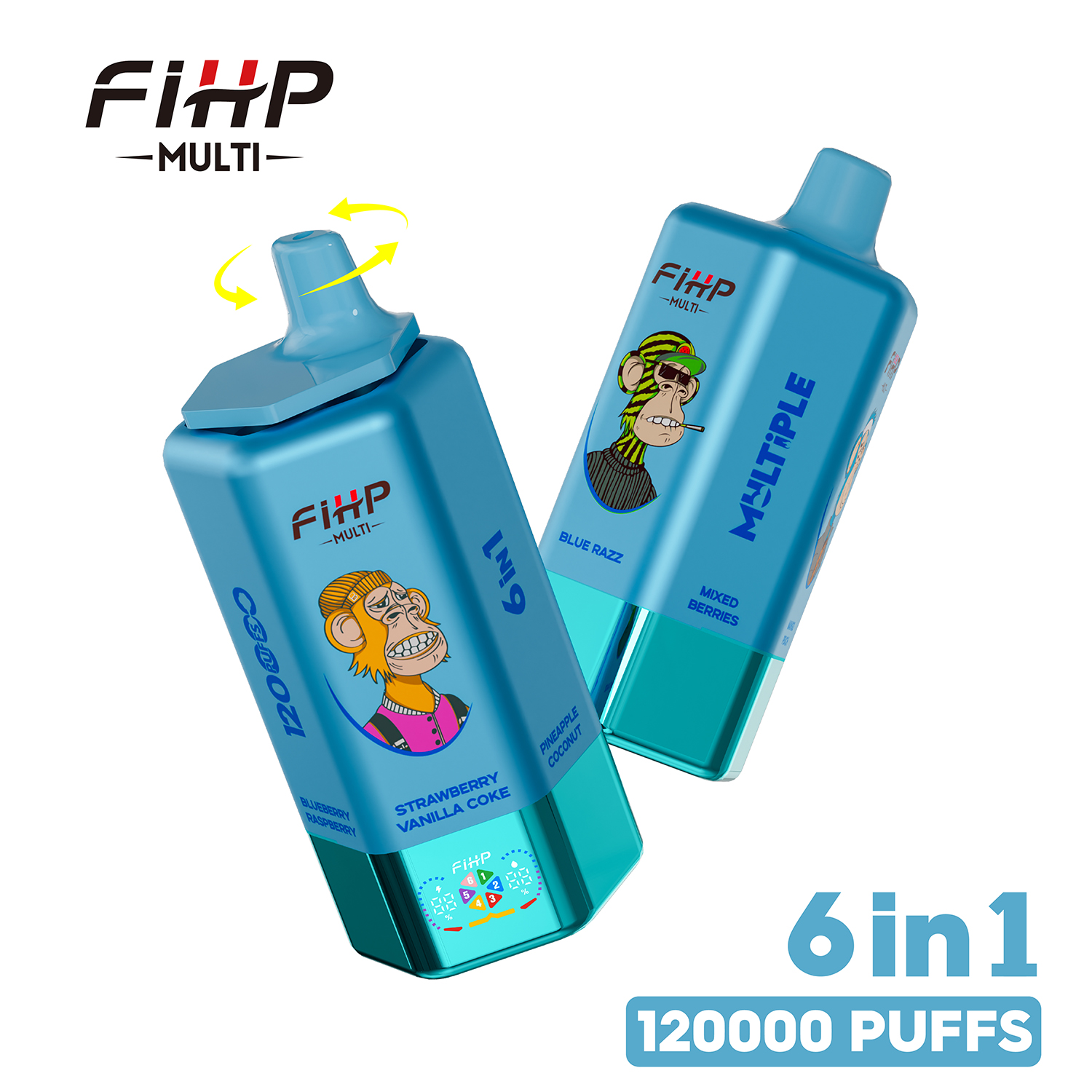 FIHP MULTI 120000 120K Puffs 6 in 1 Flavors Rechargeable LED Display Disposable Vape in strawberry vanill cokepineapple coconutblue razzmixed berriesmango