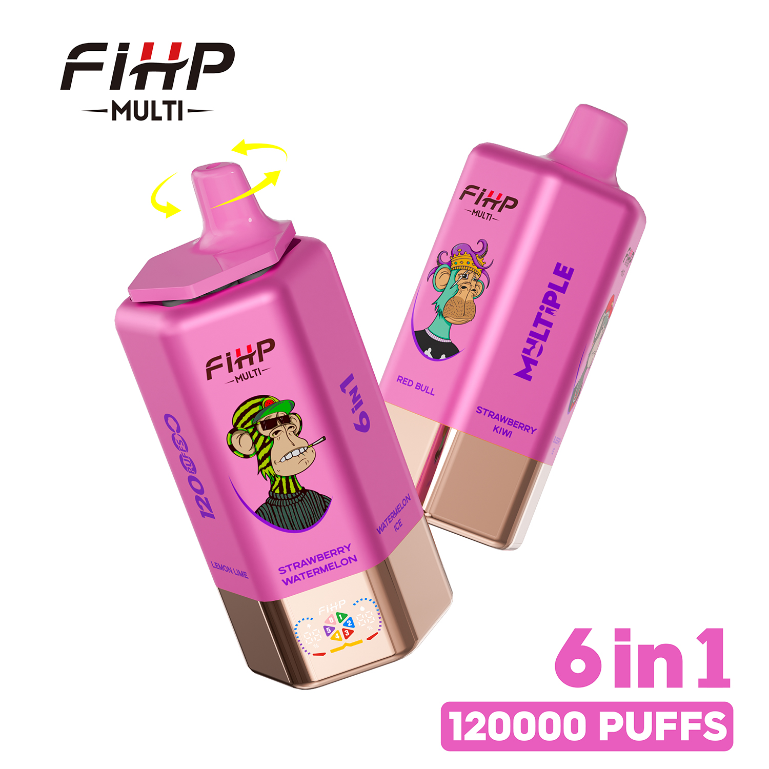 FIHP MULTI 120000 120K Puffs 6 in 1 Flavors Rechargeable LED Display Disposable Vape in strawberry watermelonwatermelon icered bullstrawberry kiwibluberry