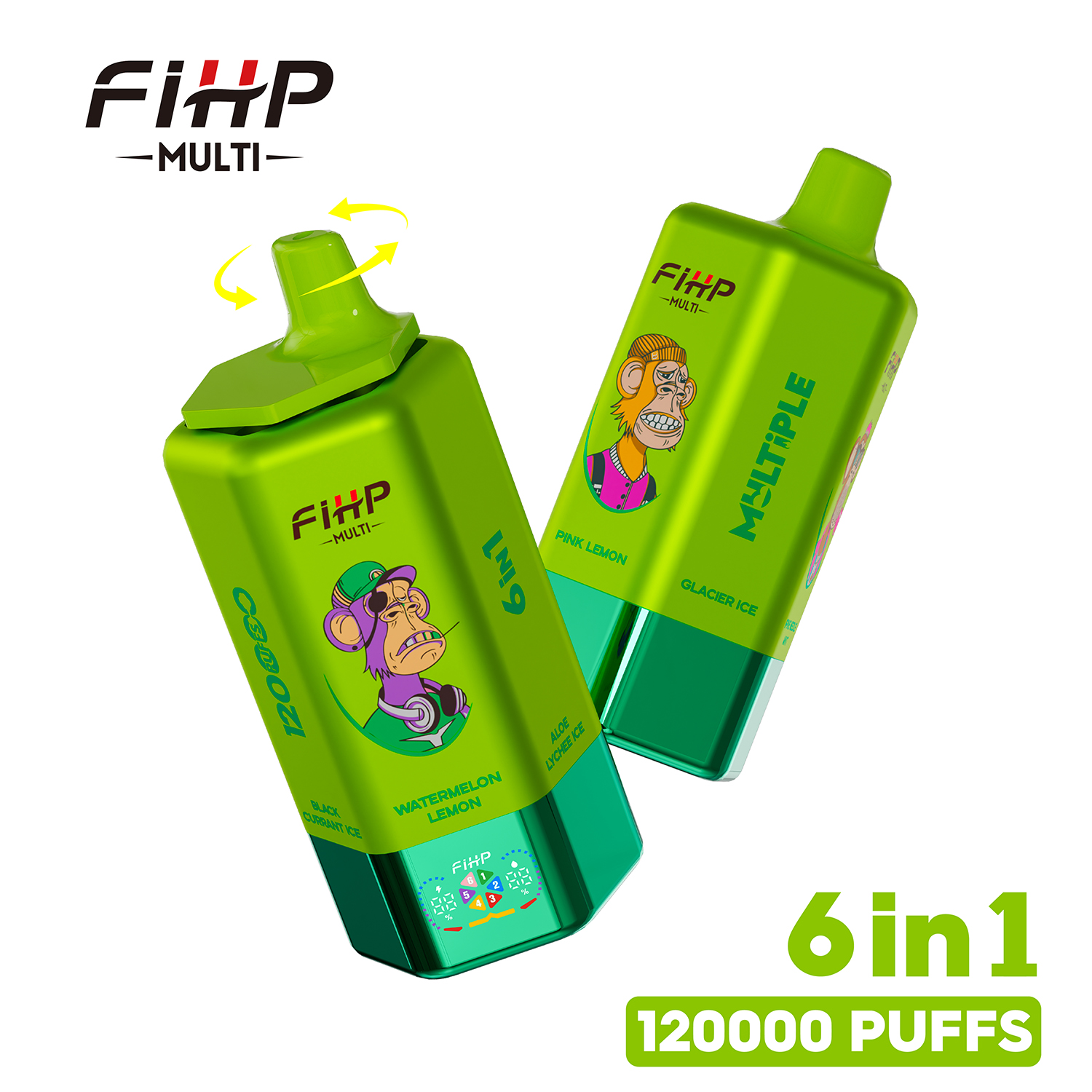 FIHP MULTI 120000 120K Puffs 6 in 1 Flavors Rechargeable LED Display Disposable Vape in watermelon lemonaloe lychee icepink lemonglacier icepine needle