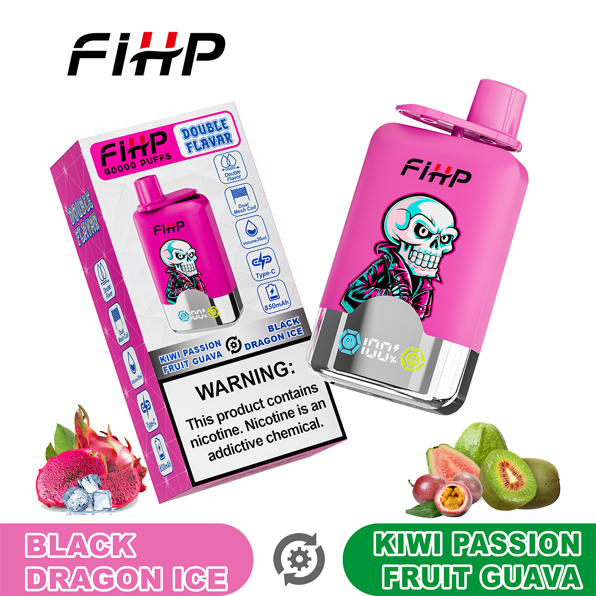 FIHP 40000 40K Puffs Double Taste LCD Display Disposable Vape in Black Dragon Ice&Kiwi Passion Fruit Guava flavor