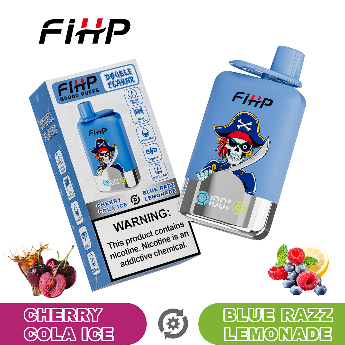 FIHP 40000 40K Puffs Double Taste LCD Display Disposable Vape in Blue Razz Lemonade&Cherry Cola Ice flavor