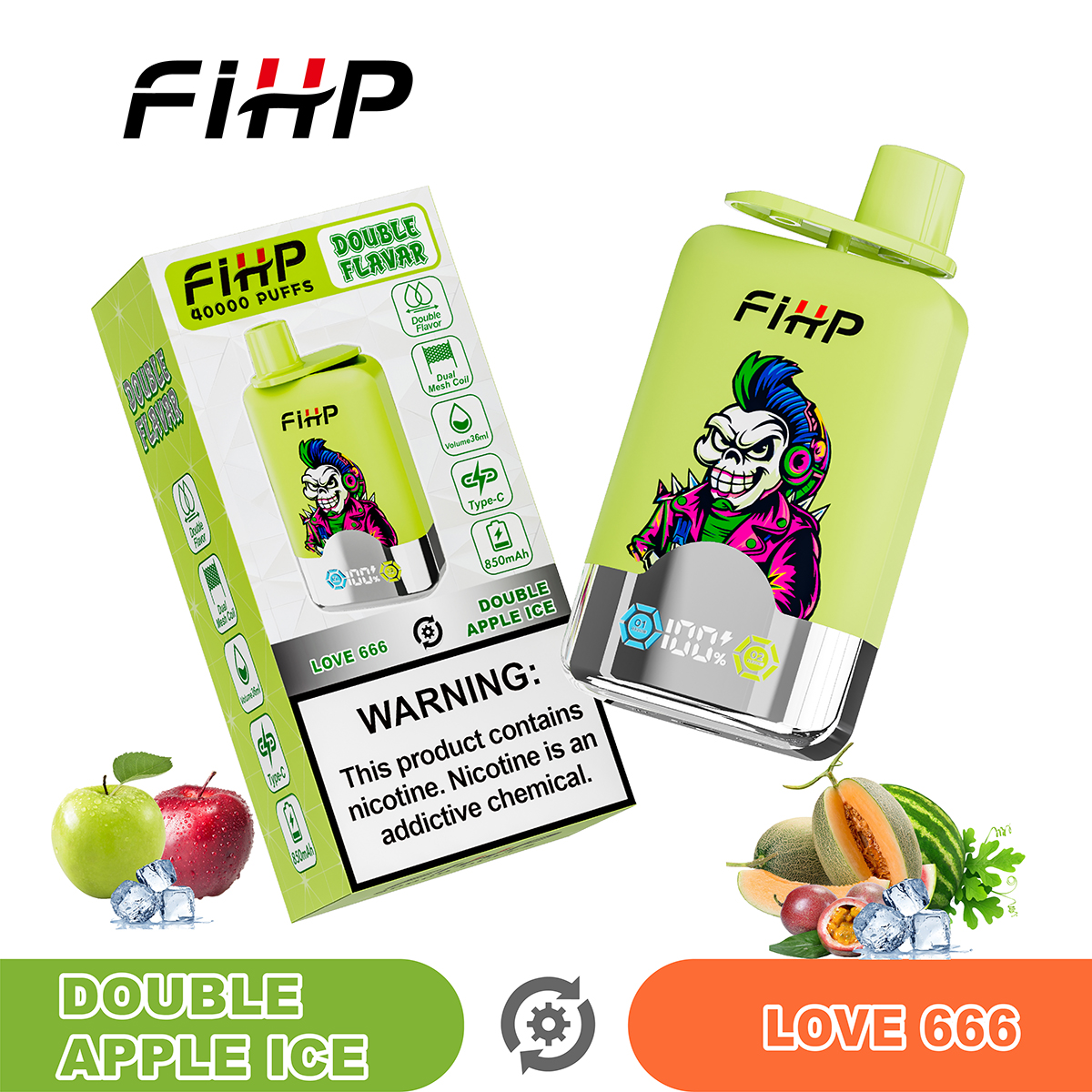 FIHP 40000 40K Puffs Double Taste LCD Display Disposable Vape in Double Apple Ice& Love 666 flavor