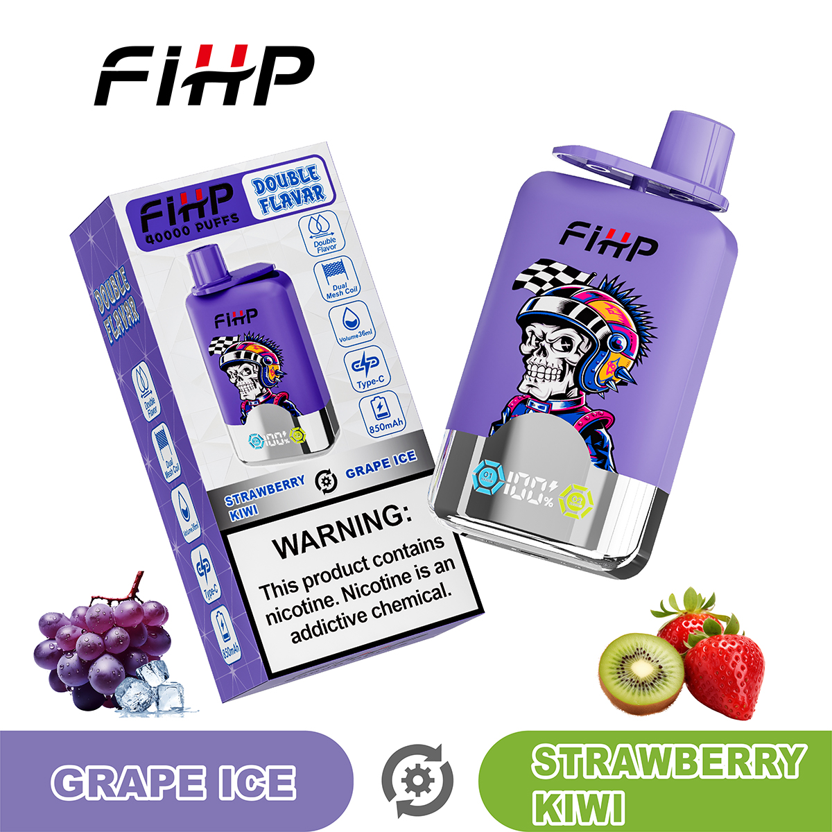 FIHP 40000 40K Puffs Double Taste LCD Display Disposable Vape in Grape Ice&Strawberry Kiwi flavor