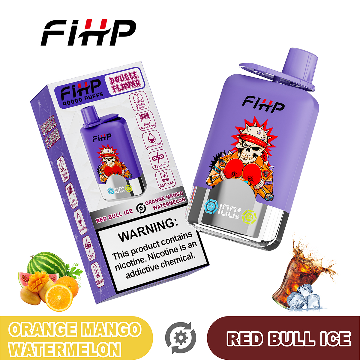 FIHP 40000 40K Puffs Double Taste LCD Display Disposable Vape in Orange Mango Watermelon&Red Bull Ice flavor