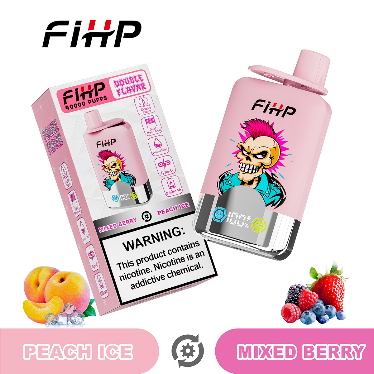 FIHP 40000 40K Puffs Double Taste LCD Display Disposable Vape in Peach Ice&Mixed Berry flavor