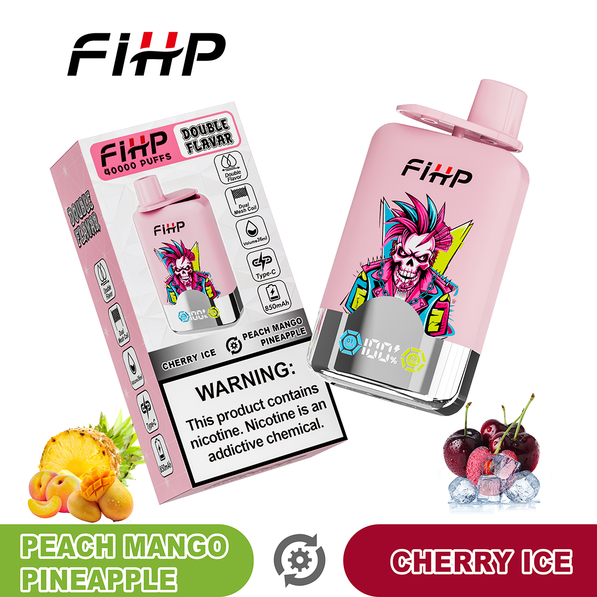 FIHP 40000 40K Puffs Double Taste LCD Display Disposable Vape in Peach Mango Pineapple&Cherry Ice flavor
