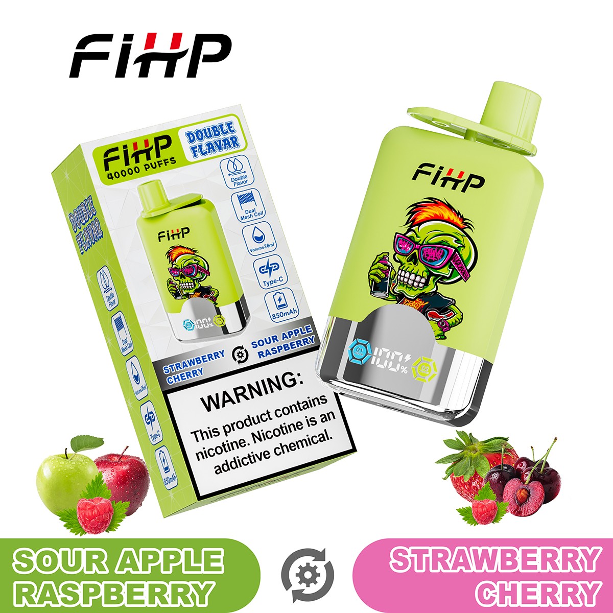 FIHP 40000 40K Puffs Double Taste LCD Display Disposable Vape in Sour Apple Raspberry&Strawberry Cherry flavor