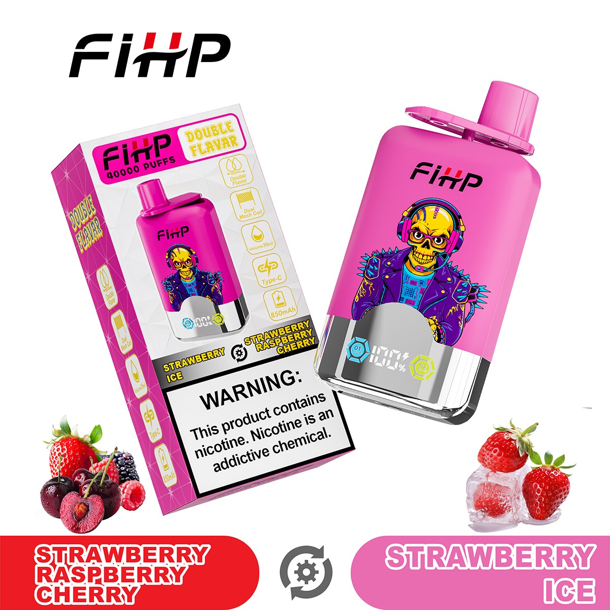 FIHP 40000 40K Puffs Double Taste LCD Display Disposable Vape in Strawberry Raspberry Cherry&Strawberry Ice flavor