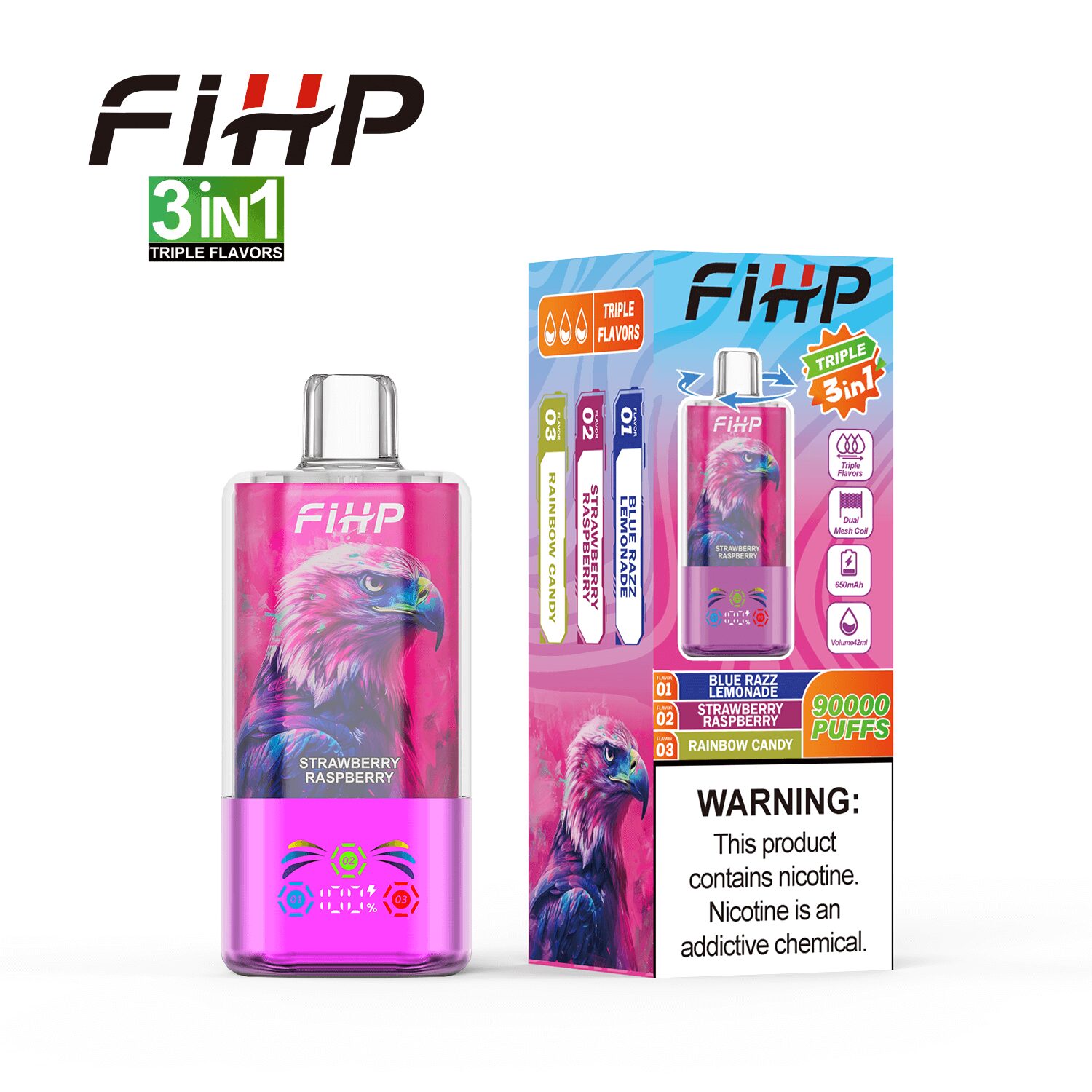 FIHP 90000 90K Puffs 3 in 1 Triple Flavors&LED Screen Rechargeable Disposable Vape in Blue Razz Lemonade&Strawberry Raspberry&Rainbow Candy flavor