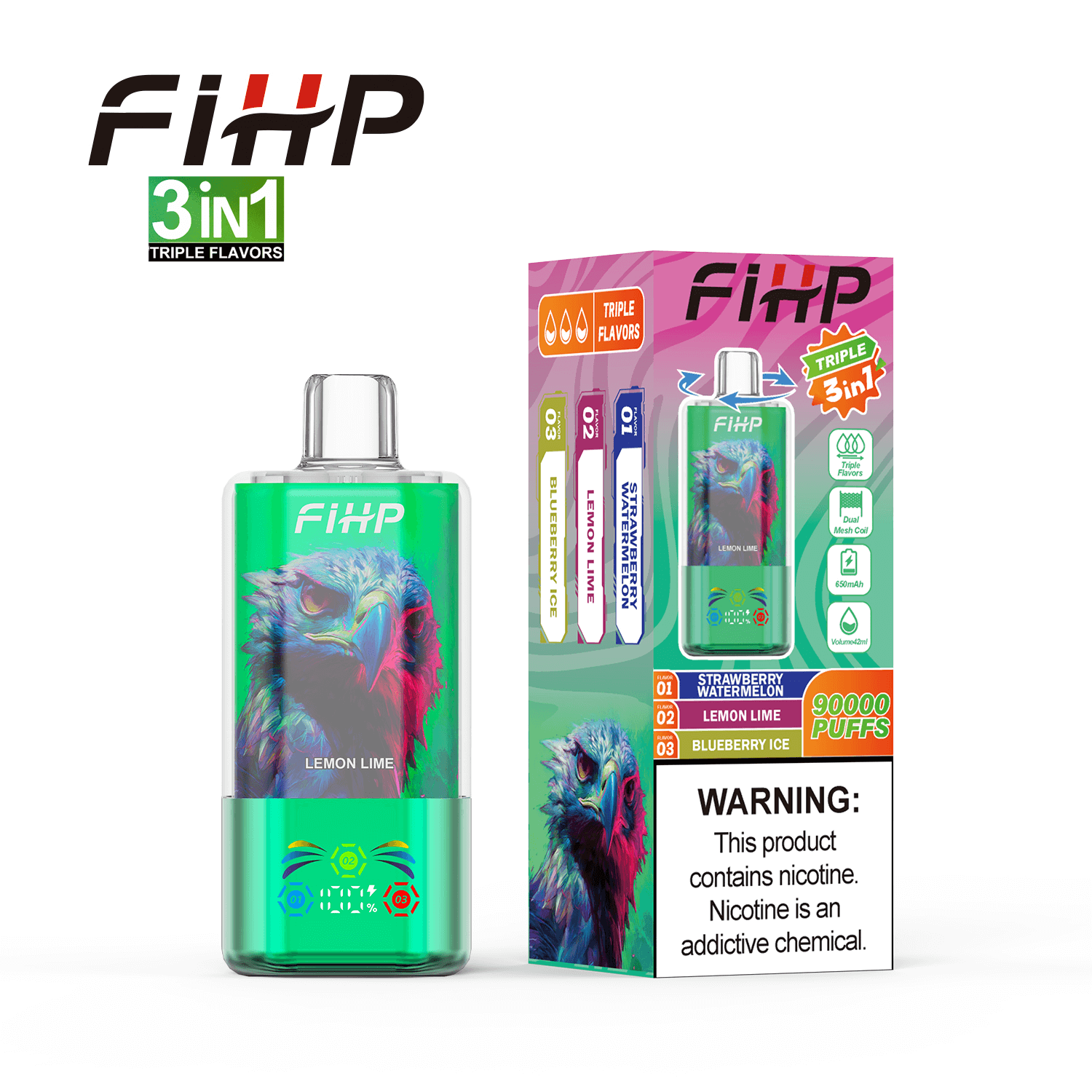 FIHP 90000 90K Puffs 3 in 1 Triple Flavors&LED Screen Rechargeable Disposable Vape in Blueberry Raspberry&Love 666&Peach Ice flavor