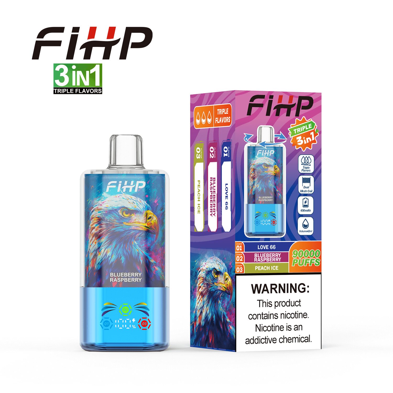 FIHP 90000 90K Puffs 3 in 1 Triple Flavors&LED Screen Rechargeable Disposable Vape in fihp 90000 90k 3 in 1 triple flavors blueberry raspberrylove
