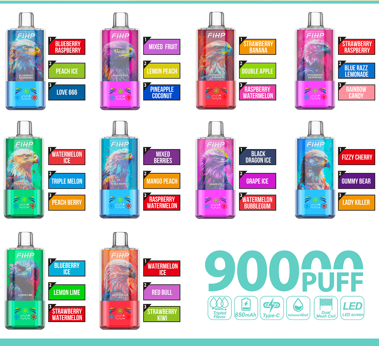 FIHP 90000 90K Puffs 3 in 1 Triple Flavors&LED Screen Rechargeable Disposable Vape in fihp 90000 90k 3 in 1 triple flavors flavors list flavor