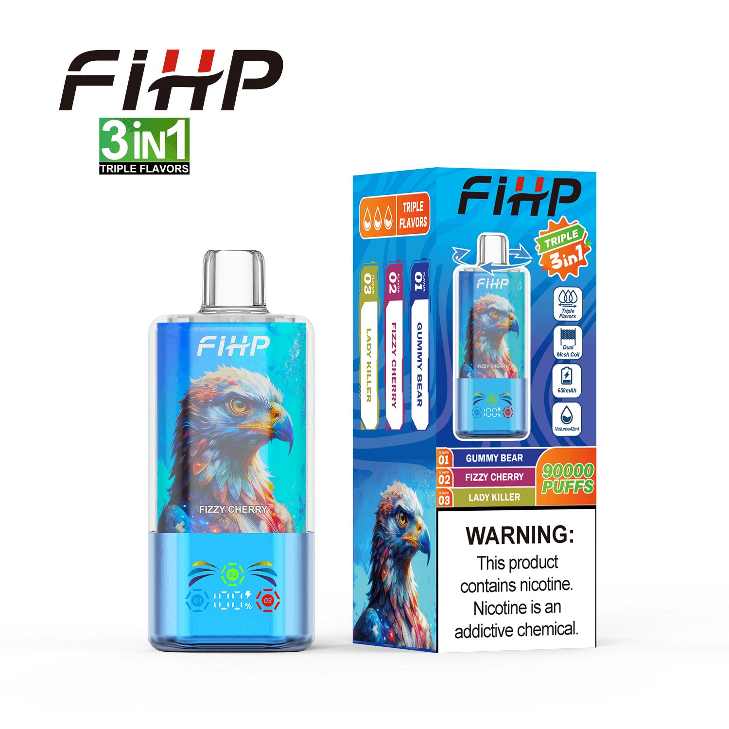 FIHP 90000 90K Puffs 3 in 1 Triple Flavors&LED Screen Rechargeable Disposable Vape in Fizzy Cherry&Lady Killer&Gummy Bear flavor