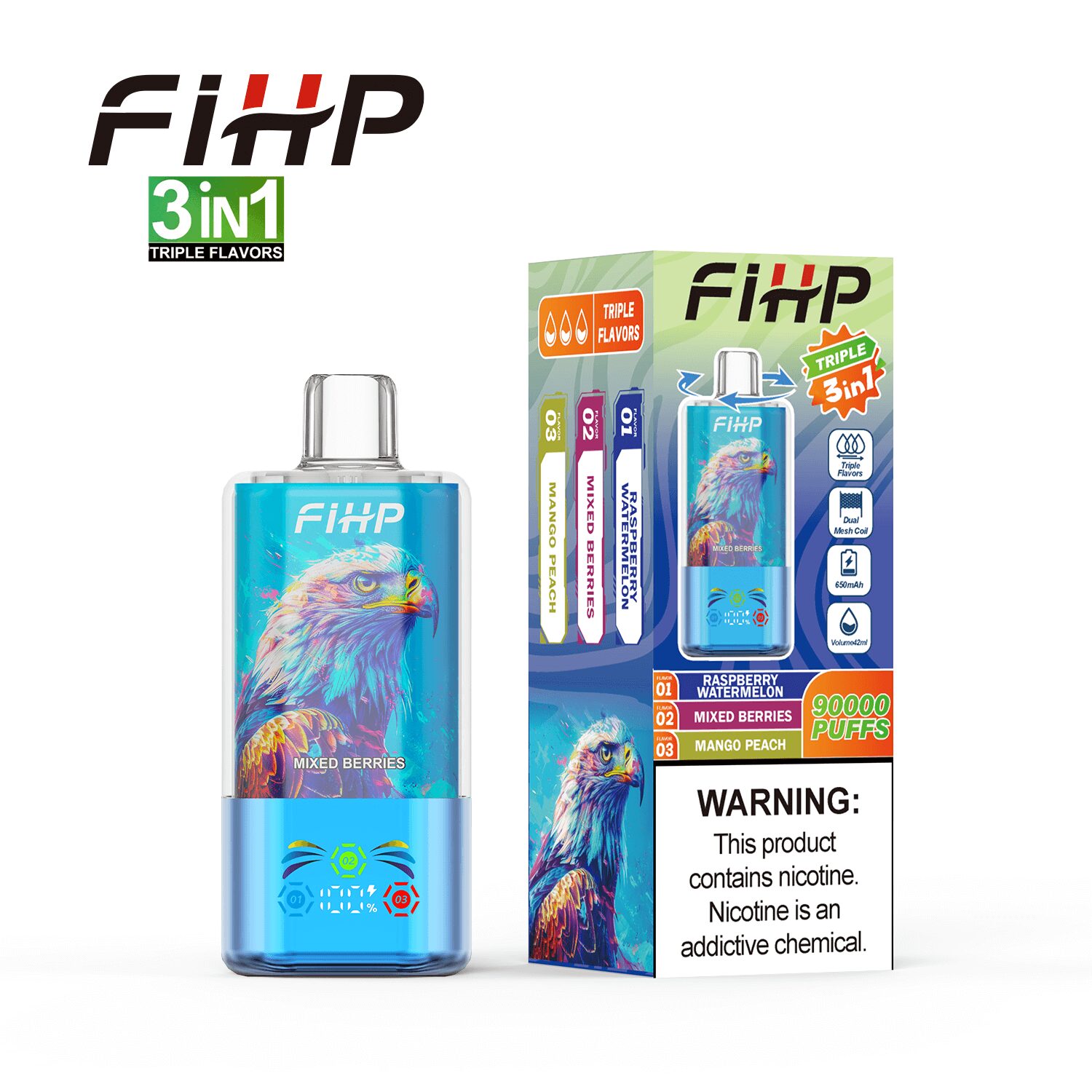 FIHP 90000 90K Puffs 3 in 1 Triple Flavors&LED Screen Rechargeable Disposable Vape in Mixed Flavors flavor
