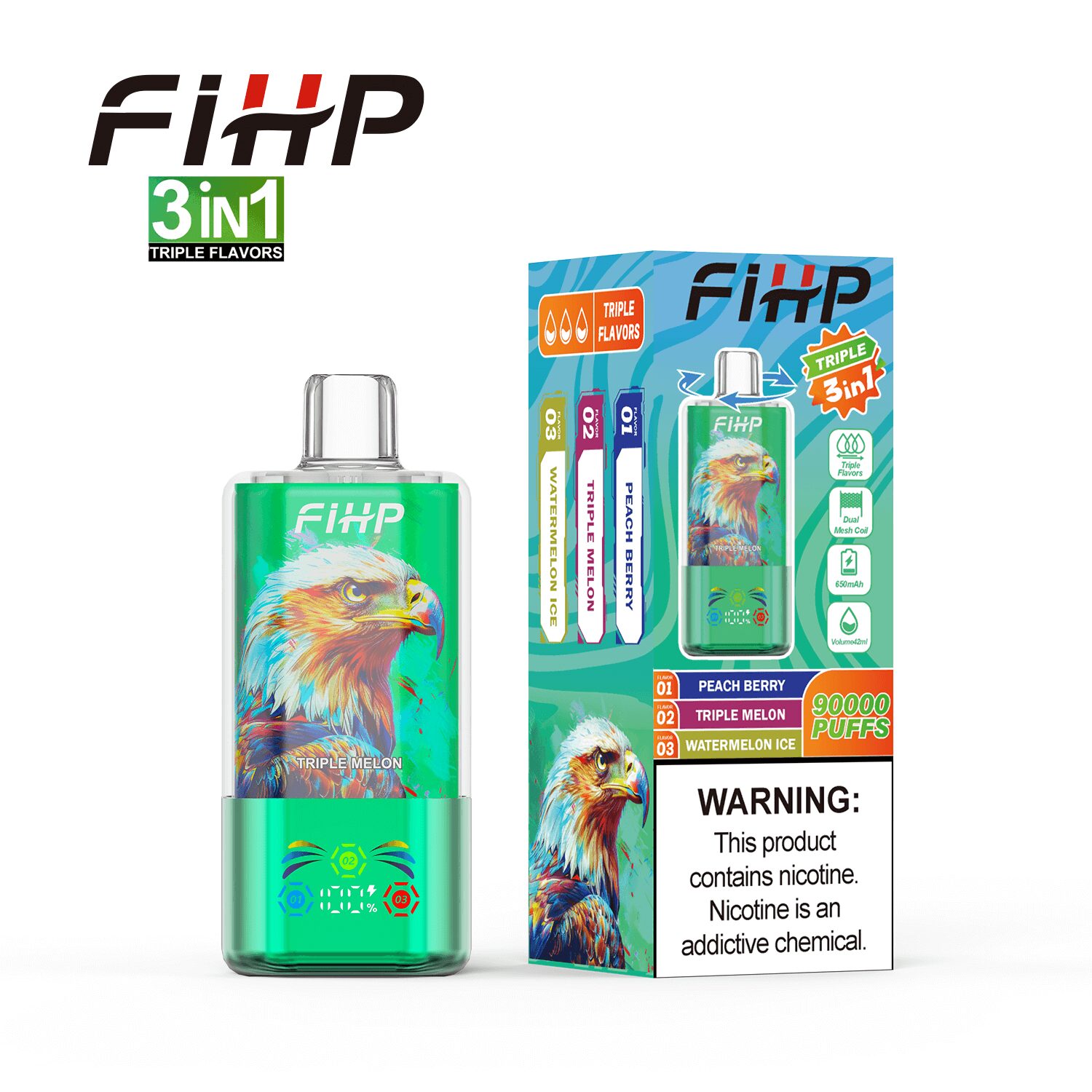 FIHP 90000 90K Puffs 3 in 1 Triple Flavors&LED Screen Rechargeable Disposable Vape in Peach Berry&Triple Melon&Watermelon Ice flavor