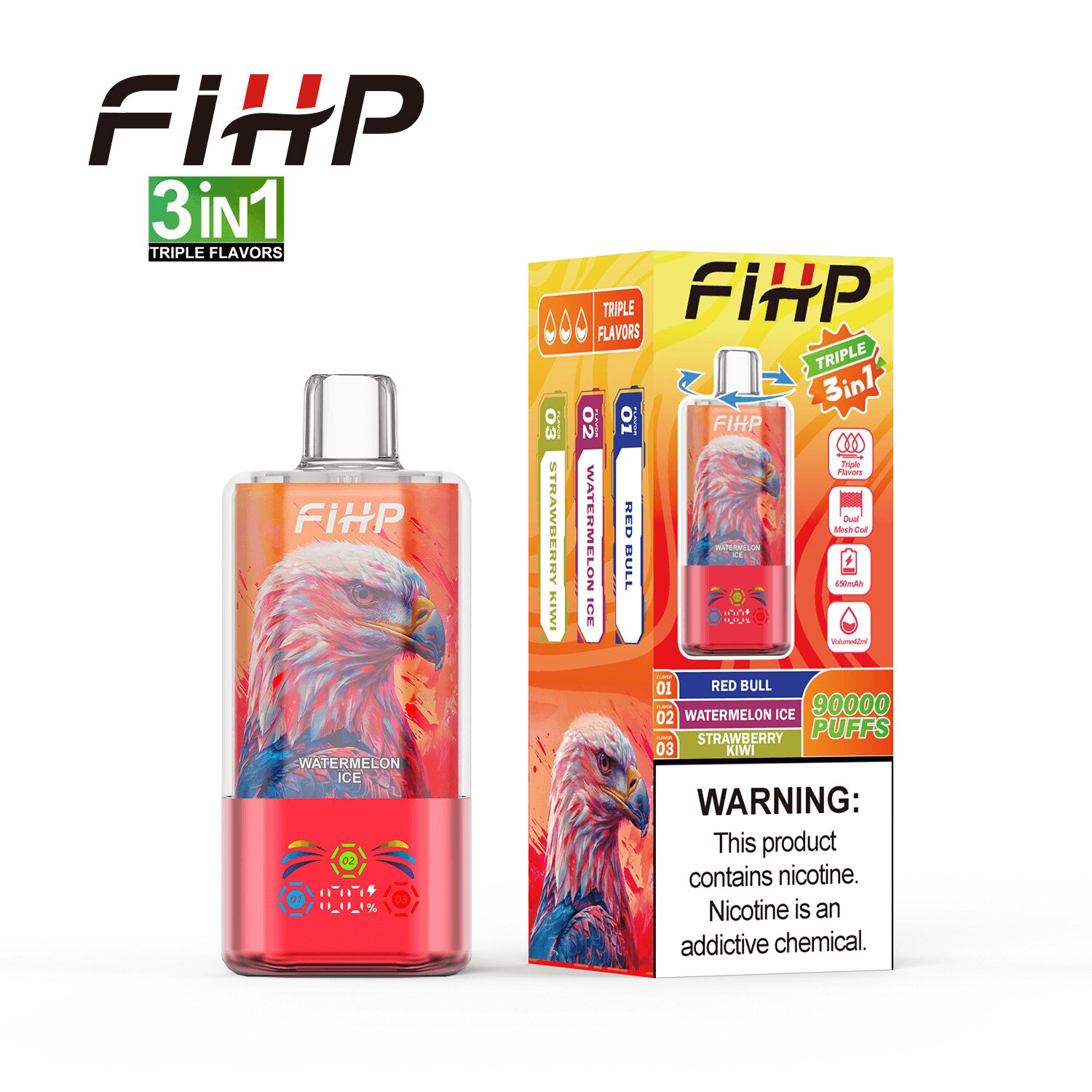 FIHP 90000 90K Puffs 3 in 1 Triple Flavors&LED Screen Rechargeable Disposable Vape in Watermelon Ice&Red Bull&Strawberry Kiwi flavor