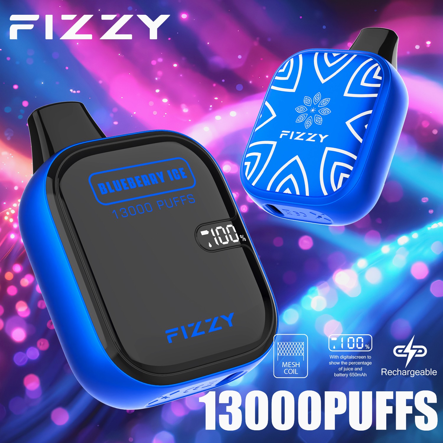 Fizzy Boom 13000 13K Puffs Small Edition LCD Display Disposable Vape in Blueberry Ice flavor