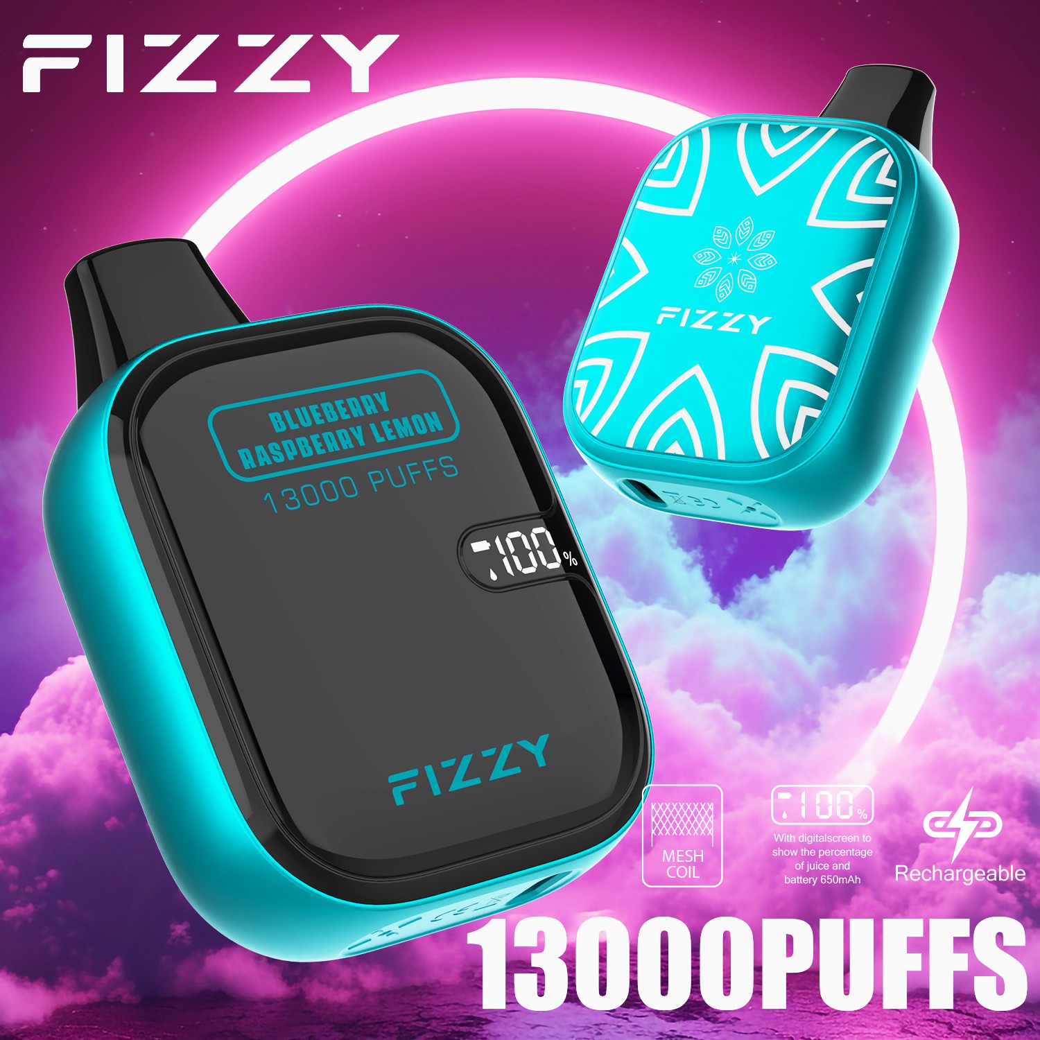 Fizzy Boom 13000 13K Puffs Small Edition LCD Display Disposable Vape in Blueberry Raspberry Lemon flavor